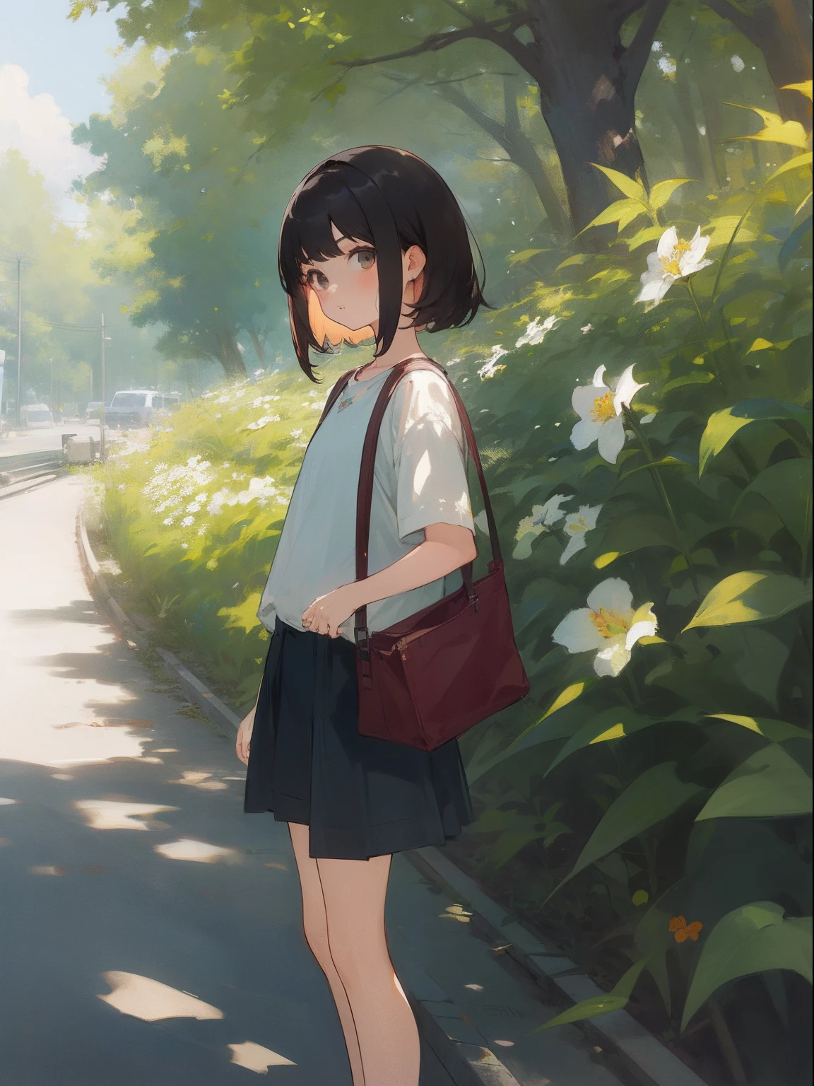 ​masterpiece, top-quality, 1girl in, The upper part of the body, is standing,, shorth hair, , A dark-haired, Casual clothing, frilld, plein air,chee、The viewer is the viewer's gaze