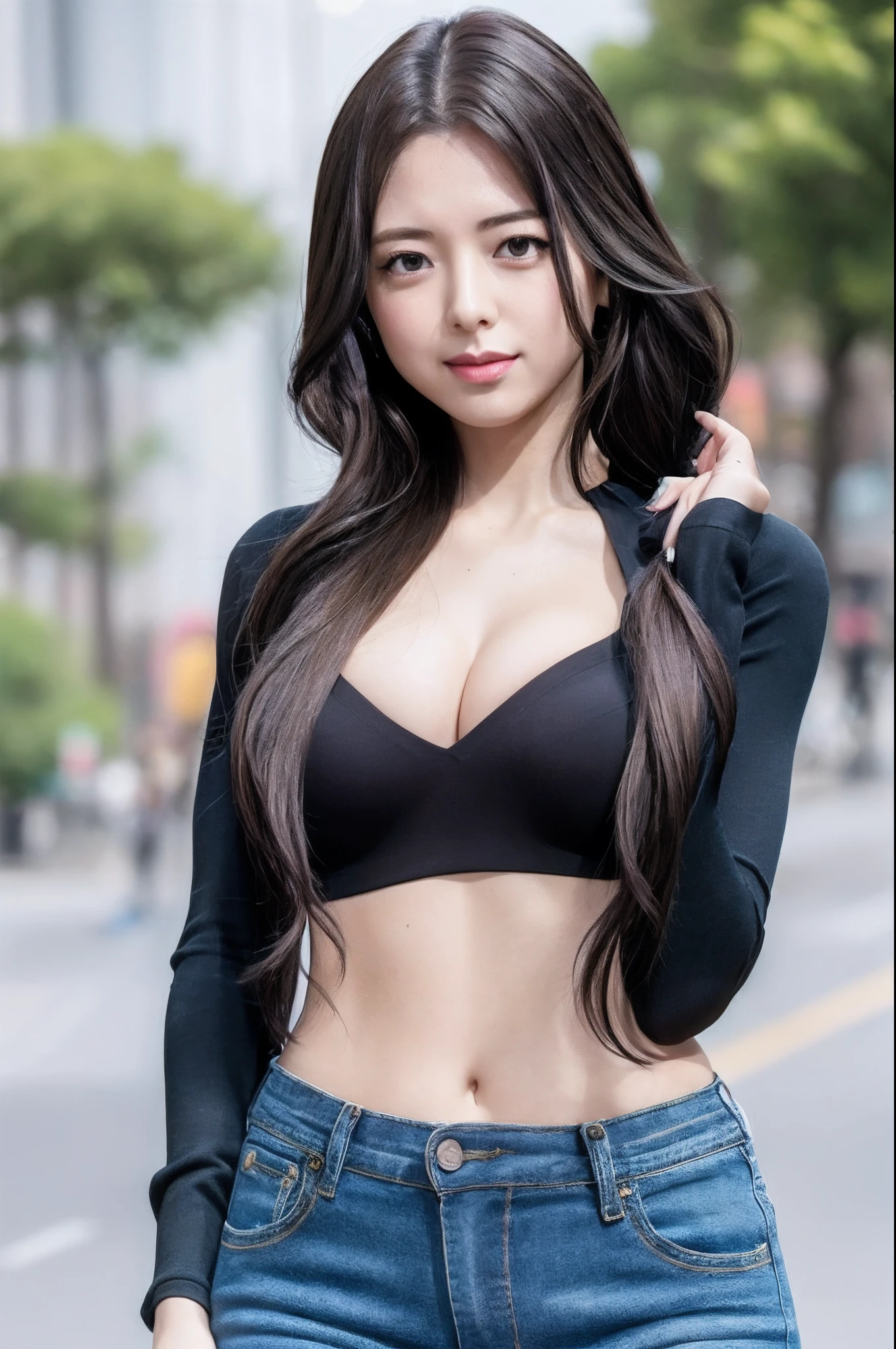 (Realistic, Photorealistic: 1.37), (Masterpiece, Best Quality: 1.2), (Ultra High Resolution: 1.2), (RAW Photo: 1.2), (Sharp Focus: 1.3), (Face Focus: 1.2), (Ultra Detailed CG Unified 8k Wallpaper: 1.2), (Beautiful Skin: 1.2), (Pale Skin: 1.3), (Hyper Sharp Focus: 1.5), (Ultra Sharp Focus: 1.5), ( Beautiful pretty face: 1.3), (super detailed background, detail background: 1.3), bokeh, depth of field, break, very cute and beautiful Japan pictures of women, (sexy model), professional attire, (22 years old: 1.1), portrait of a girl with a bright smile, upper body image, When viewed from the front, the composition is symmetrical, (Studio lighting: 1.3), (Cinematic lights: 1.3), ( backlight: 1.3), lighting that covers the whole body, looking straight at you, standing, sexy model pose, break, (chestnut half up hair: 1.2), dark brown eyes, beautiful eyes, princess eyes, mahogany hair, single hair, bangs, Hair between eyes, Long hair, slender, abs, perfect abs, belly button, (huge breasted;1.35), (thin waist: 1.15), (detailed beautiful girl: 1.4), (Black shorts:1.25), (bare shoulders, Chest squeezed together, View viewer, Sleeveless, Sleeveless shirt, (black turtleneck:1.25)), Solo, Parted lips, Red lips, (shiny skin), sweat, (Beautiful sunset Roma street view background:1.2), (happy smile:1.1), ((Perfect Female Body)), (Upper Body Image:1.3), Frame Head, Perfect Anatomy, Perfect Proportions, 8.5 Life-Size, Face Focus, Ultra Realistic Photo, Hyper Sharp Image, Hyper Detail Image, Sunset,