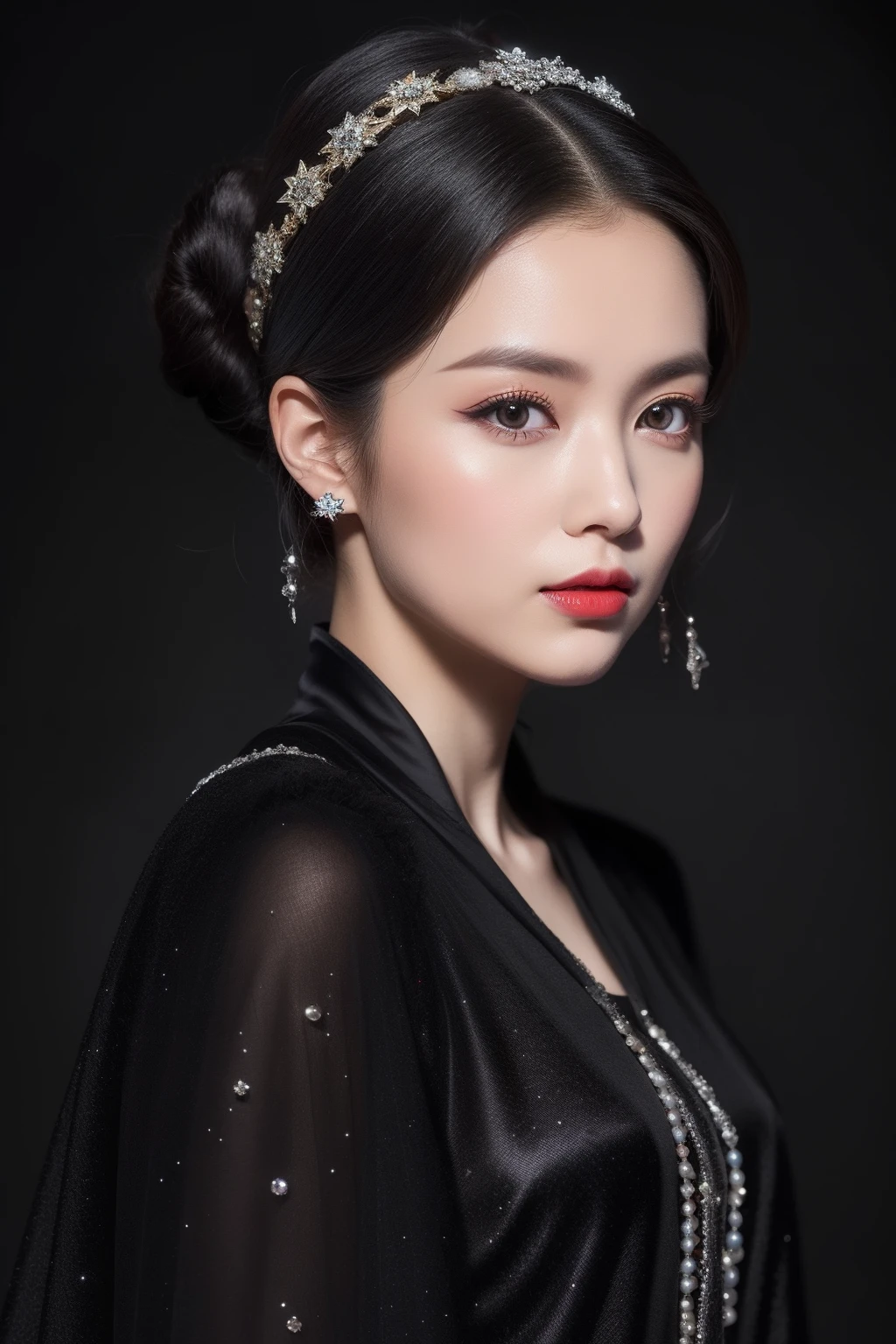 (8k，Best Picture Quality，A high resolution，Very detailed body details照，full bodyesbian，动态照明，Very detailed faces，Street photography)Noble princess costume on a black volcano，Appearance, makeup, clothing needs to show a unique and mysterious temperament。Here are some hints and details，Help you create this image：

1. appearance：
- Pale skin：Her skin takes on a pale grayish hue similar to that of volcanic rock，Looks transparent and smooth。
- Eyes like stars：Her eyes were like the deep night sky，The black pupils seemed to be able to devour all light。
- High bun：She coiled her thick, dark hair high，Paired with delicate hair accessories，It's like a black gemstone set on top of your head。

2. Makeup：
- Smoky eye makeup：Her eye makeup features a deep charcoal gray and shiny silver tone，The eyes reveal mystery and coldness。
- Red lips：Her lips were bright as blood，Apply a layer of dark red lipstick，Highlight her nobility and majesty。

3. clothes：
- Gorgeous dresses：She wore a black silk dress，It was like black waves undulating on her，Embellished with precious stones and pearls，shimmering with an enigmatic twinkle。
-Cloak: Her cape is made of black velvet，Inlaid with silver silk thread，Like a shooting star in the night sky，Let her be like a shining star on the black volcano。
These descriptions can help you create a sense of mystery、Noble and charming image of a princess。Remember to use adjectives and detailed descriptions to express her character and the details of her dress。