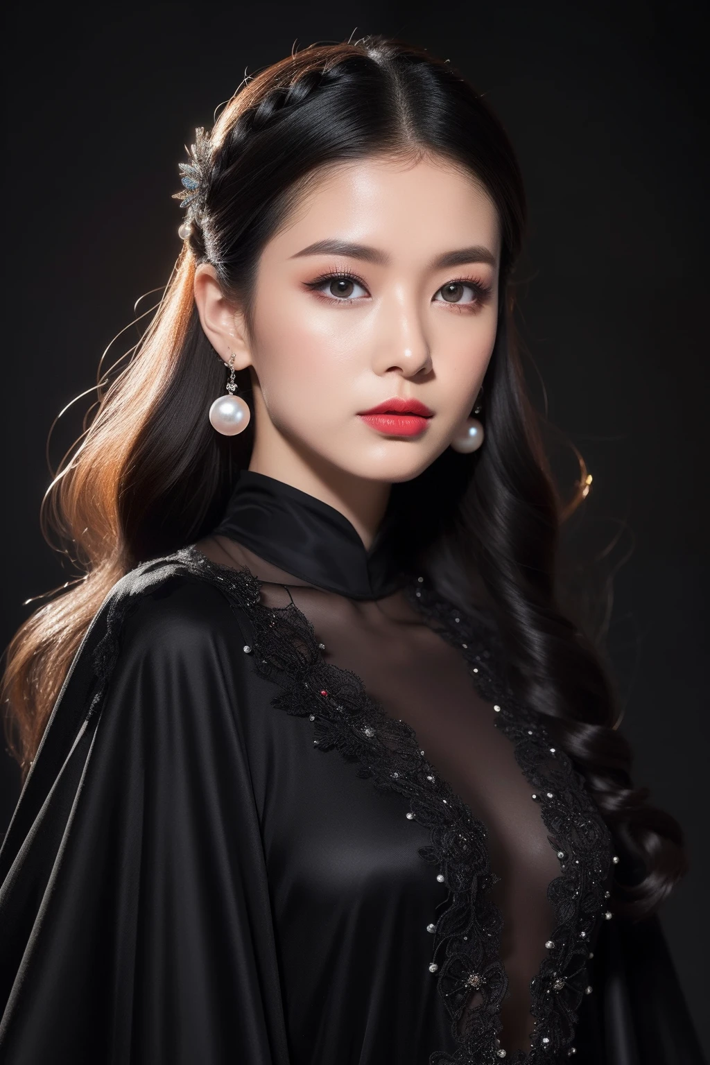 (8k，Best Picture Quality，A high resolution，Very detailed body details照，full bodyesbian，动态照明，Very detailed faces，Street photography)Noble princess costume on a black volcano，Appearance, makeup, clothing needs to show a unique and mysterious temperament。Here are some hints and details，Help you create this image：

1. appearance：
- Pale skin：Her skin takes on a pale grayish hue similar to that of volcanic rock，Looks transparent and smooth。
- Eyes like stars：Her eyes were like the deep night sky，The black pupils seemed to be able to devour all light。
- High bun：She coiled her thick, dark hair high，Paired with delicate hair accessories，It's like a black gemstone set on top of your head。

2. Makeup：
- Smoky eye makeup：Her eye makeup features a deep charcoal gray and shiny silver tone，The eyes reveal mystery and coldness。
- Red lips：Her lips were bright as blood，Apply a layer of dark red lipstick，Highlight her nobility and majesty。

3. clothes：
- Gorgeous dresses：She wore a black silk dress，It was like black waves undulating on her，Embellished with precious stones and pearls，shimmering with an enigmatic twinkle。
-Cloak: Her cape is made of black velvet，Inlaid with silver silk thread，Like a shooting star in the night sky，Let her be like a shining star on the black volcano。
These descriptions can help you create a sense of mystery、Noble and charming image of a princess。Remember to use adjectives and detailed descriptions to express her character and the details of her dress。