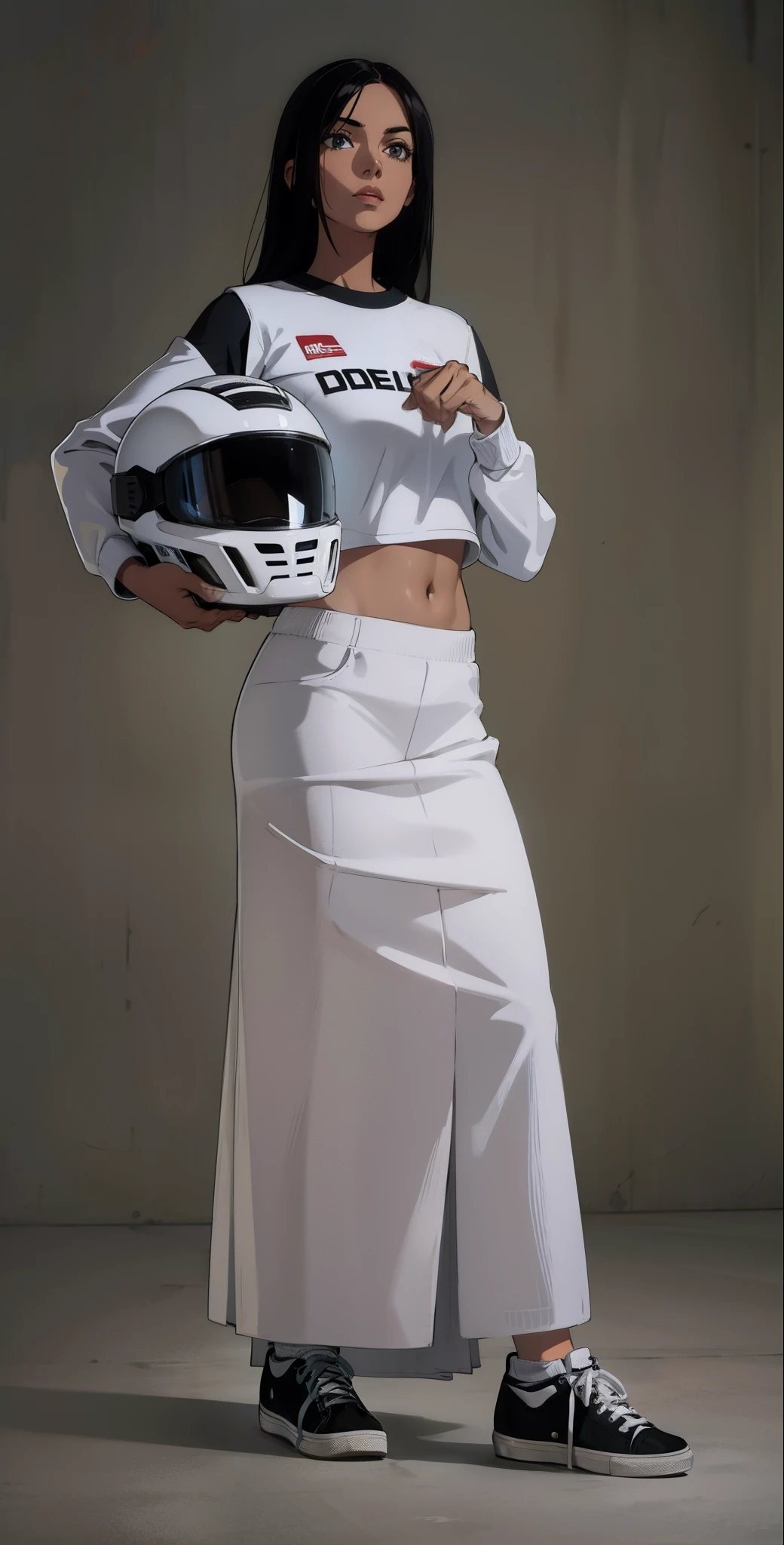 Women holding helmet, wearing classic black sneaker