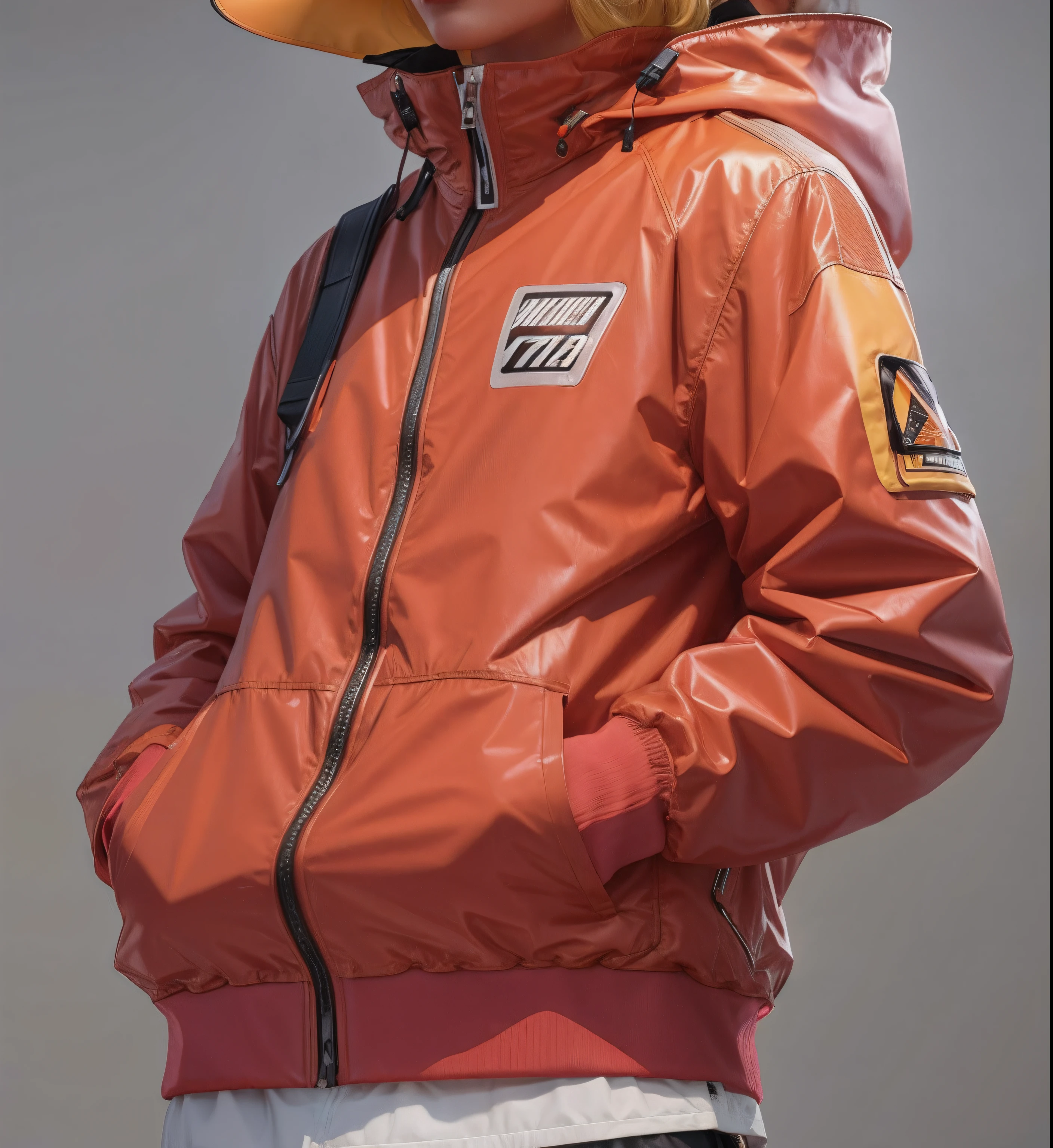 There is a man wearing a big yellow hat and jacket, future inflatable jacket, jaqueta laranja, 3DCOAT H 648, vestindo jaqueta cyberpunk 2 0 7 7, estilo akira, No estilo de Akira, jaqueta vermelha, cyber future jacket, suit jacket, 3 dcoat, 3DCOAT, casaco inchado reflexivo laranja