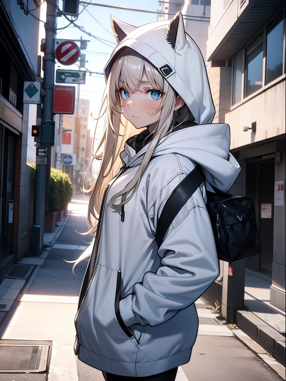 ​masterpiece, top-quality, highly accurate, 4K, Teenage woman, Big white hoodie, Embarrassed face, Looking here, Dark blue eyes, big eye, Ultra High Definition Eyes, have smart-phone, Walkway, street corner, (low angles)