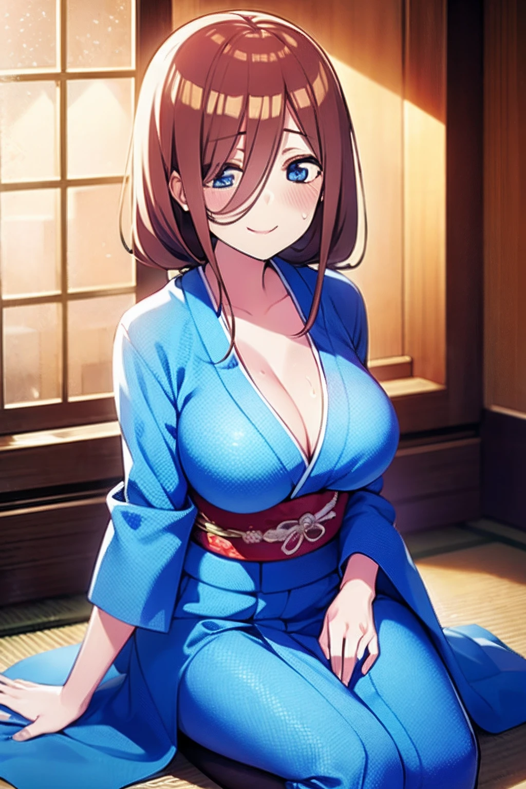 ((official art,anime screen cap、Super thin illustration、 High resolution, muste piece, best quality,best quality:1.2)),high quality, detailed, thighs, Foots,  (brown hair、bob cut:1.2)、 shiny hair, (Chinese style dress cosplay uniform suit), cool pose, (厚いthighs、big ass、very huge breasts:1.2),(((bar)))、grinning grin、ultra fine painting, (best quality, In 4K, 8K, High resolution, muste piece:1.2),,((detailedな目:1.2))、cute eyes、A face inviting a man、light blue eyes、