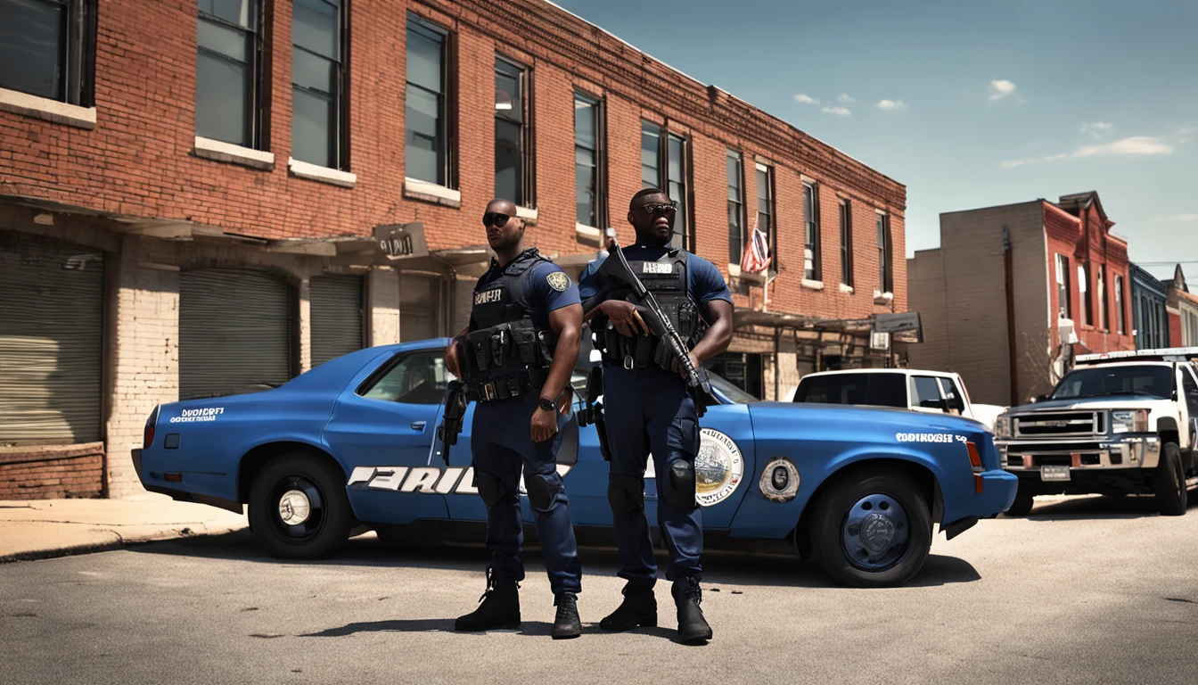(8k, RAW photo, best quality, masterpiece:1.2), ultra detailed, official art, photo-realistic:1.37, FIVE dark skinned African-American POLICEMEN with tactical gear and dark sunglasses standing in front suburban neighborhood at sunset, A city street in Memphis, Tennessee with a group of five black police officers patrolling the area with stern expressions:1),powerful chest, fat_tall_muscular_male, strong muscular_legs, Cold Eyes,dark skinned African-Americam males, perfect muscular body,brawny, sharp in-focus urban background, blue tight-fitting police uniforms , tactical military gear, bullet-proof vests:1.1, [black_boots]:1, combat boots and gunbelt:1.2, short hair, quiet suburban neighborhood, sunset, watching the streets, sunglasses,police batons, bodybuilders, looking at viewer, dynamic pose, from side, dynamic pose, front facing
