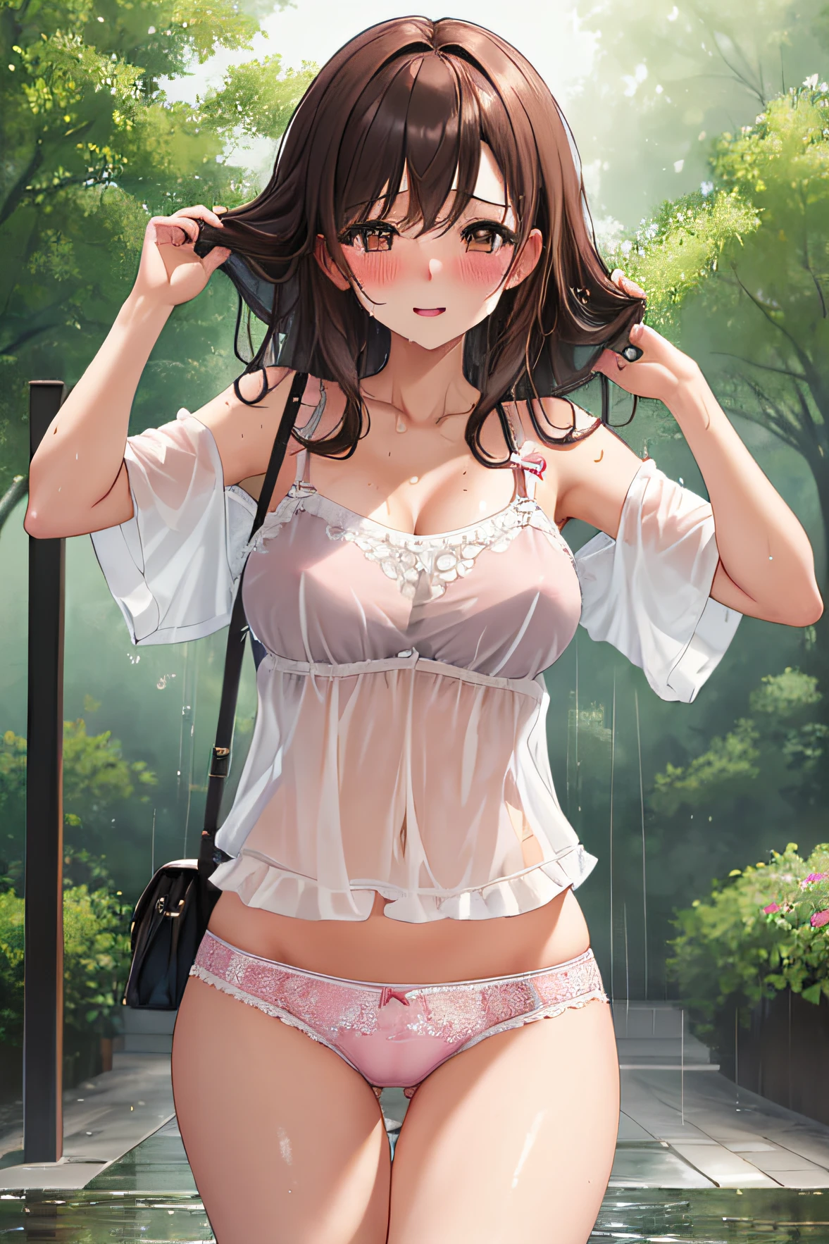 (masterpiece), (best quality), (ultra detailed), 1girl, she is drenched, sexy pose, raining, blush,medium breasts, wearing lacy camisole, happy, looking at viewer, large hair, brown hair, in the park with trees, shy, wet clothes, show bra through wet camisole, show panties through wet shorts