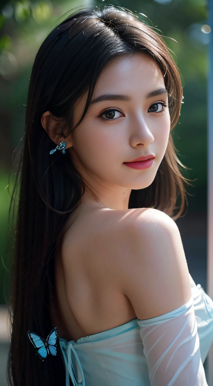 (best quality,4k,8k,highres,masterpiece:1.2),ultra-detailed,(realistic,photorealistic,photo-realistic:1.37),medium:oil painting,woman beautiful detailed eyes,woman beautiful detailed lips,medium length wavy hair,expressive face,rosy cheeks,flowing dress,gentle smile,one hand placed on her chest,soft lighting,serene atmosphere,vibrant colors,subtle brushstrokes,graceful pose,delicate features,artistic background,reflection in the water,emotive portrait,sunlight filtering through trees,feminine elegance,slight wind blowing her hair,natural beauty