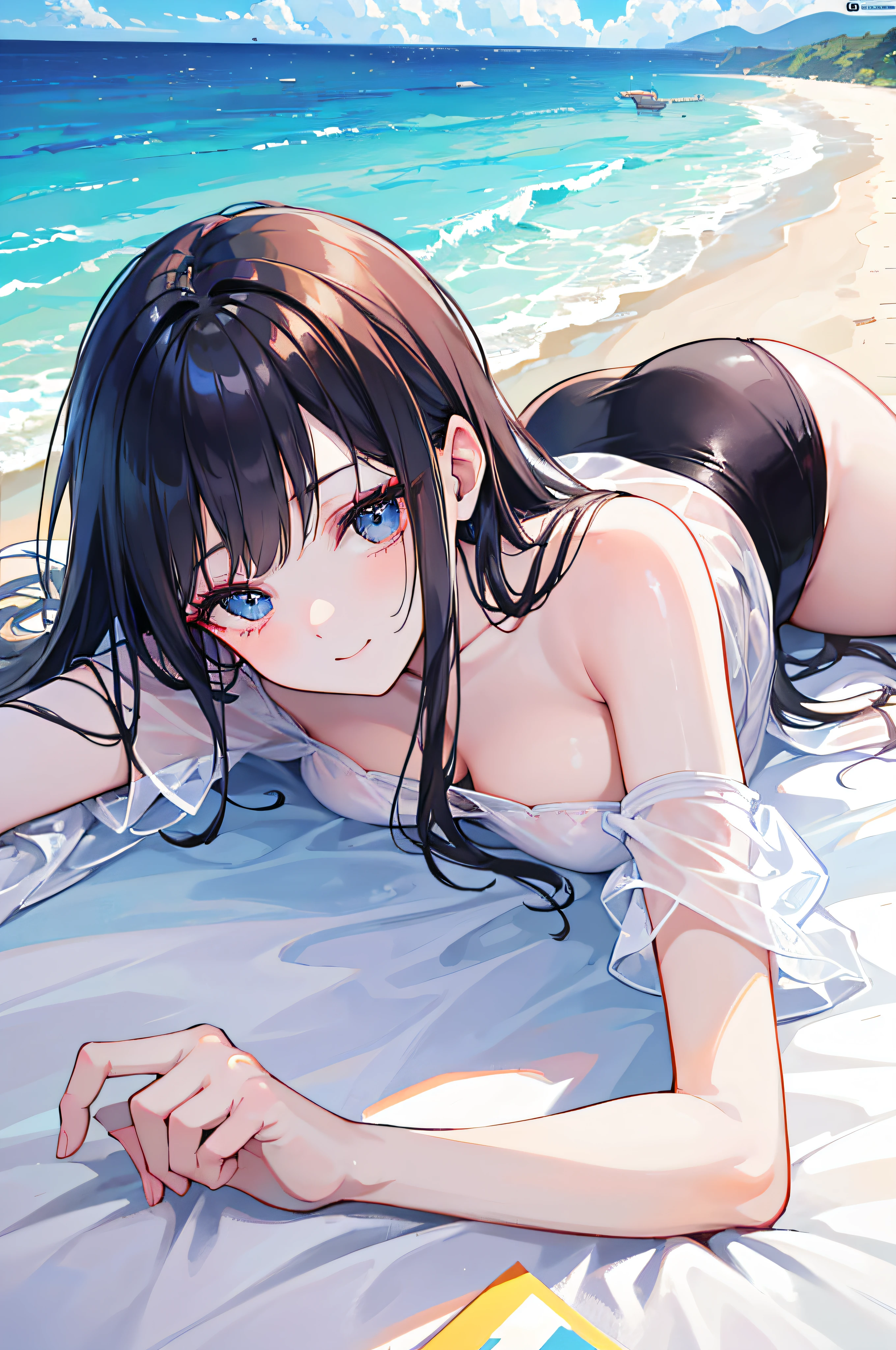 ((Sexy and beautiful woman lying on the beach bed and looking up at me)), ((cutest 20 year old beauty)), charming smile, ((seaside resort)), ((very long hair) ), ((See-Through Fashion)), ((Rich Bust)), Gradient Eyes, Seductive Makeup,, Single View, NFFSW, Retina, Masterpiece, Accurate, Anatomically Correct, Textured Skin, Super Detail, High Detail, High Quality, Award Winning, Top Quality, High Resolution, 1080p, Hard Disk, 4K, 8K, 16K