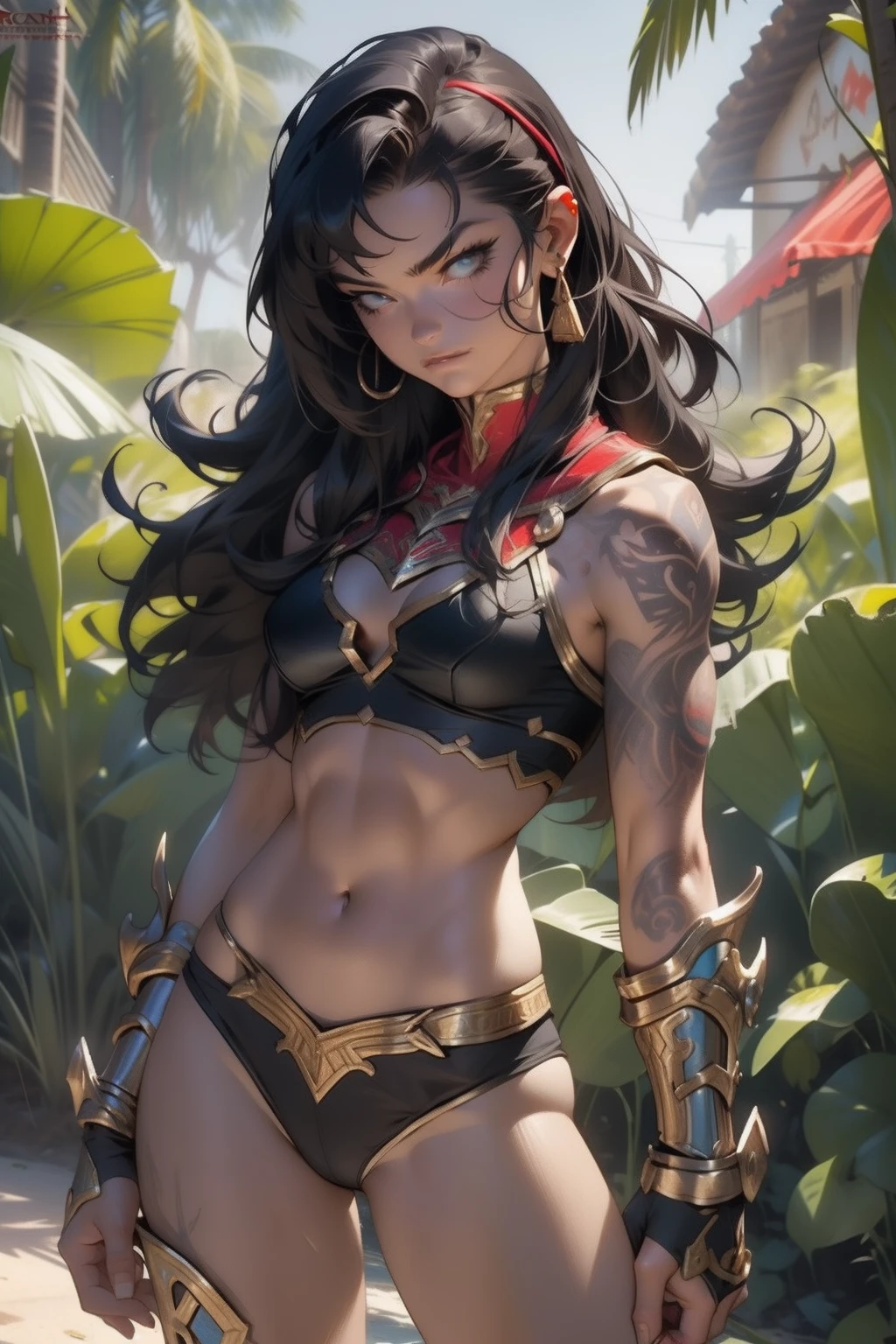 ((Frank Frazetta)), Bela mulher ((fera)) encorpada, 30 anos, corpo musculoso e perfeito, ((costas)), cabelo curto, gladiador com pouca roupa, capacete de gladiador romano, Tiny red slap, metal bra covering only the, feridas sangrando, cicatrizes pelo corpo quente, tatuagem tribal, arm covered by metallic gladiator armor, seios grandes, decote generoso, segurando uma espada manchada de sangue, rosto corajoso, reino escuro, pose sexy, andar em uma arena romana