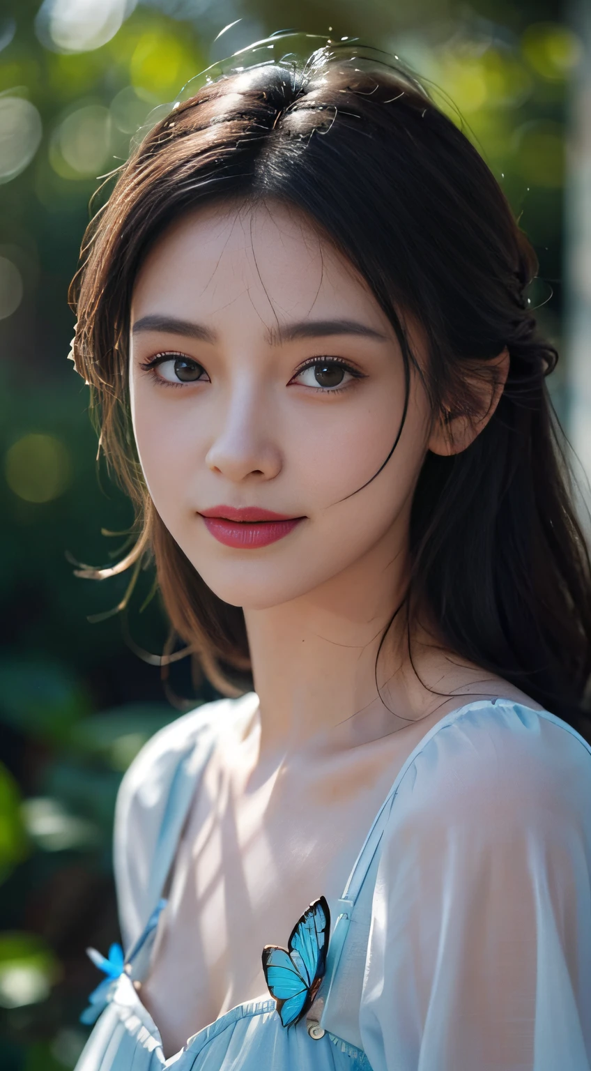 Masterpiece, highest quality, crazy details, exquisite facial portrayal, 8K resolution, delicate face, cute peerless beauty, exquisite and transparent eyes, Upper body close-up, (brilliant light and shadow), soft focus, real shadows, 8K HD, upper body close-up, depth of field, ultra definition, motion blur, intricate light, blue gradient pupils, gray messy hair, detail light, ray tracing, masterpiece long hair, water mist, light and shadow, aesthetics, details Delicate face, illustration style, strong light tracing, correct proportions, Perfect composition, high quality, masterpiece, many details, good atmosphere, refinement, ray tracing, close-up, perfect composition, infinite detail, high quality, rich details, gorgeous purity, blue princess dress, butterfly decoration on the hair around the ears, sweet smile