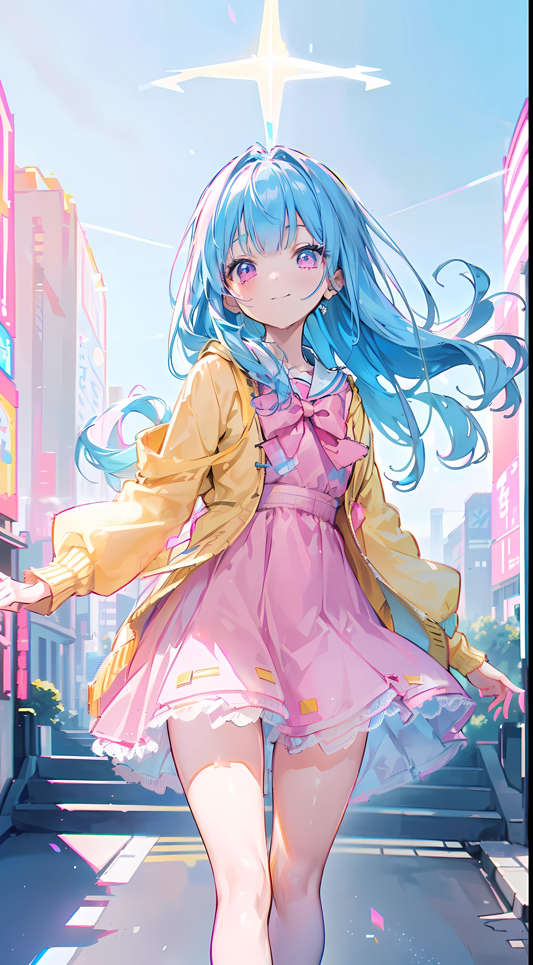 Masterpiece, ((perfect face, perfect hands)), (((pink thigh high))), (((yellow dress, sky Blue cardigan jacket))), solo girl, cowboy-shot, (from below), ((chromatic aberration)), soft light, glare reflections, foreshortening, from behind, (((beautiful day in the Tokyo city))), (((full body view, head to toe))), smile, (Long sky Blue hair, Pink eyes)