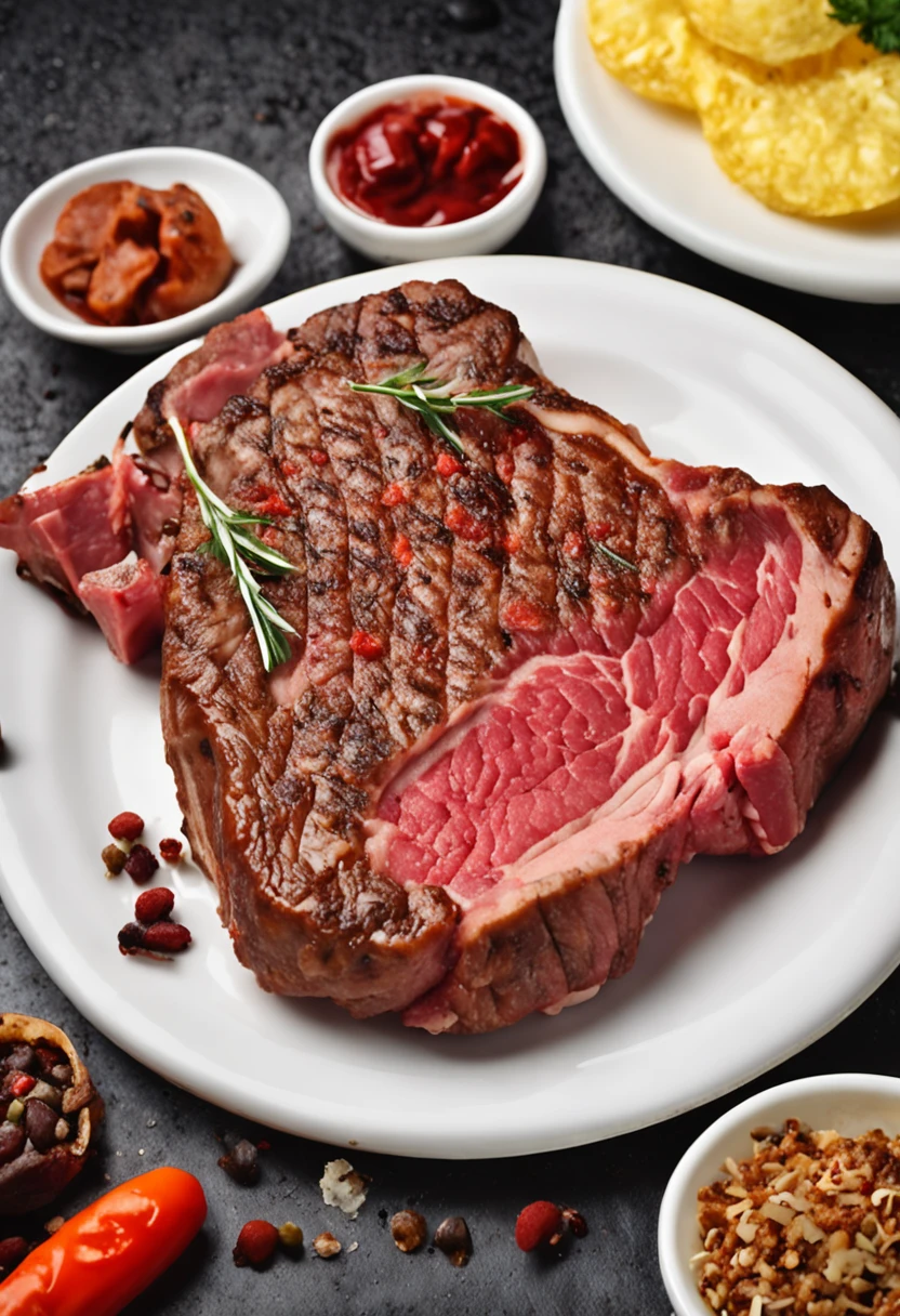 Close-up of steak on table plate, Photo of Wesley Burt, Pixabe, sōsaku hanga, steak, beef, eating meat, juicy meat, Flesh, steak, Brawny, Sweaty flesh, ground red meat, Flesh, Veined meat, meat texture, carnivore, 21 yeas, Desbastado