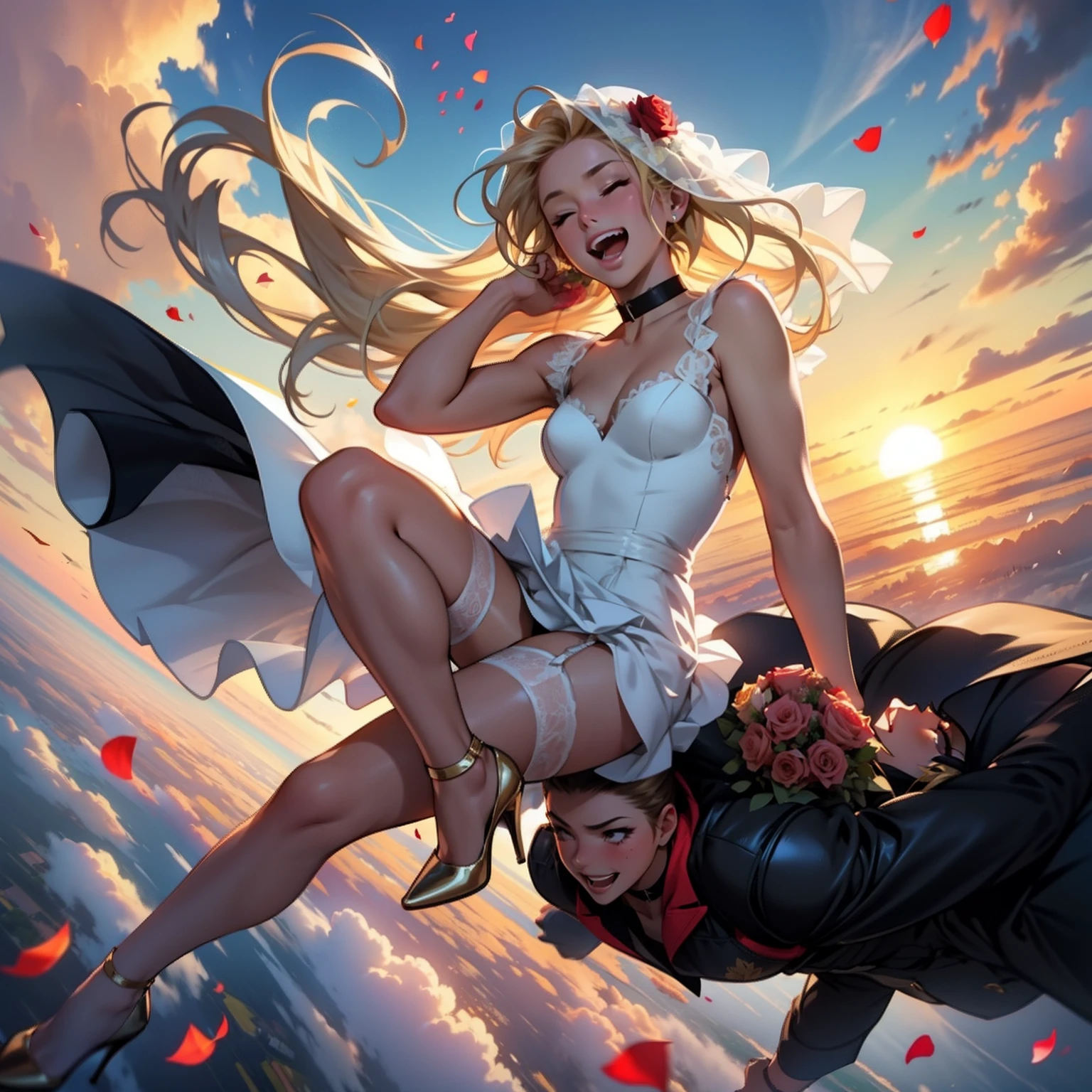Petite girl falling from the sky,In the clouds,the setting sun,skydiving,a blond,eye closed、Laughing,Looks fun,tight-fitting clothes,flat chest,White wedding dresses,veils,blows wind,The hair is disheveled,White garter stockings,Gold Choker,high-heels,Have a bouquet of roses,Rose petals fly off