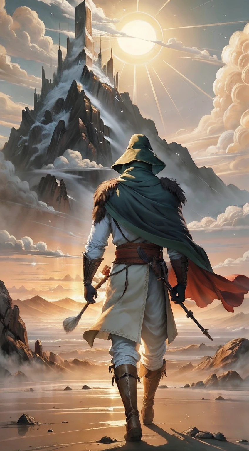 Ancient warriors in trench coats walk firmly into the distance,He wears a cloak on his head,中景 the scene is,facing away from the audience,(Vast desert:1.2),(Rolling white clouds:1.2),(Lonely smoke drifted into the sky:1.2),The smoke is thick,Eagles fly,(The setting sun shines obliquely through the clouds),vivd colour(Light particle effect),(Masterpiece),(Extremely detailed picture description),(8k wallpaper),(Master painting),(Ink painting style),(Noticeable light and shadow effects),(Ray traching),(Obvious layers),(depth of fields),(best qualityer),「Journey to the West」Ray