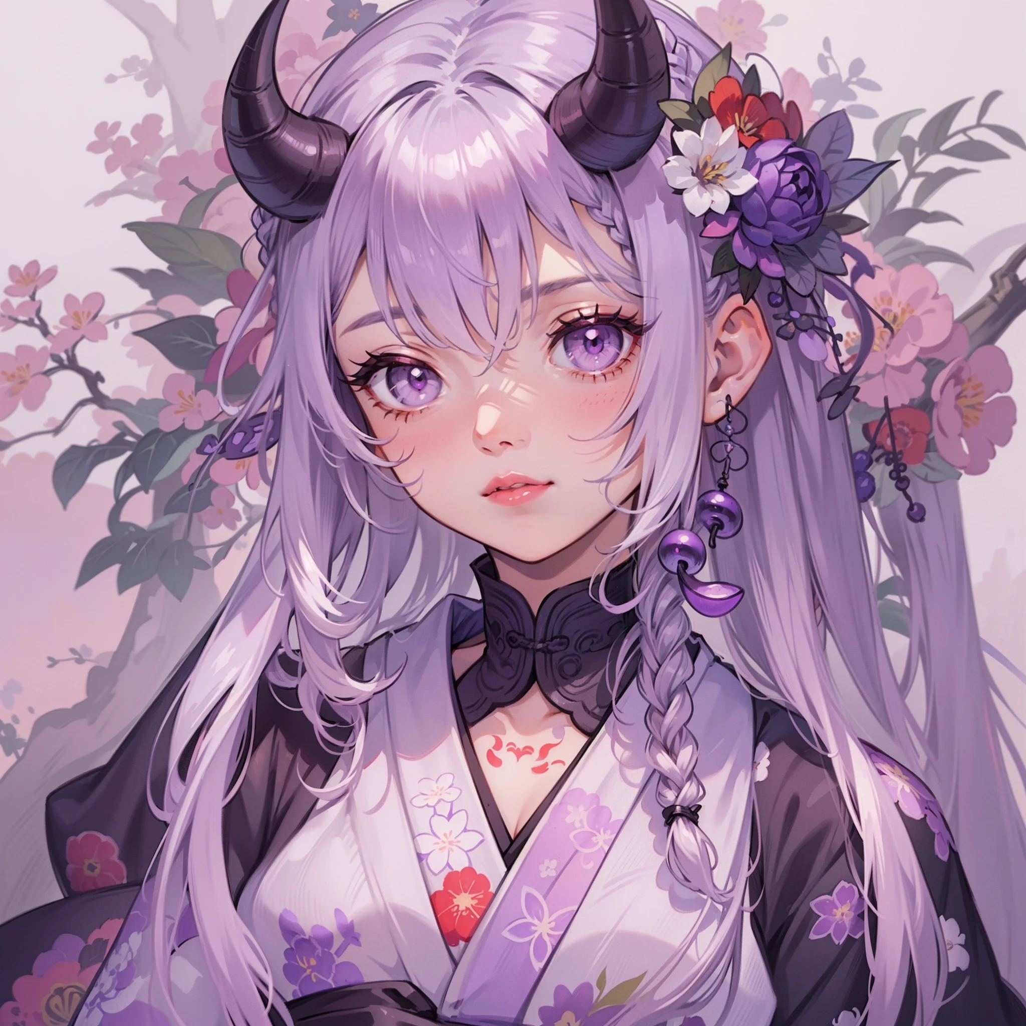 best quality, highly detailed beautiful face and eye, (1girl, solo), 18years old, (gray hair, twin braid), (purple demon horns, purple eyes), normal ears, light pink lips, floral tattoo on face, earnest expression, black kimono, Japanese ancient capital
