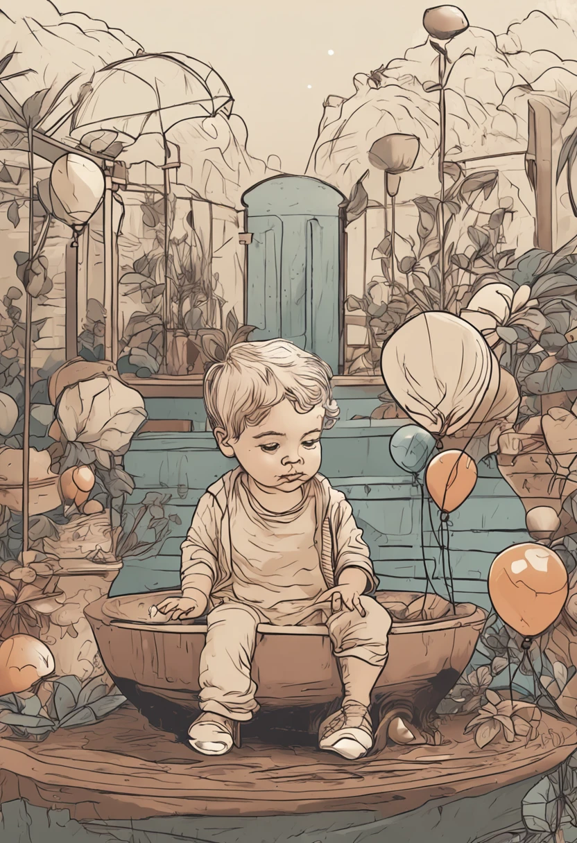 desenho para tatuagem, child 02 years blonde, sitting on a scale with a balloon in hand