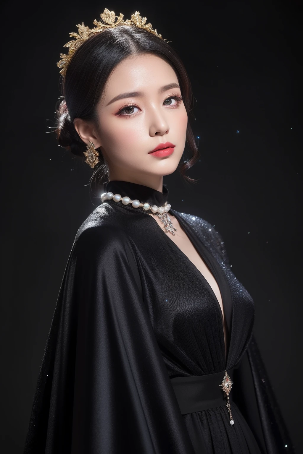 (8k,Best Picture Quality,A high resolution,full bodyesbian,动态照明,Faraway view)Noble princess costume on a black volcano,Appearance, makeup, clothing needs to show a unique and mysterious temperament。Here are some hints and details,Help you create this image:
1. appearance:
- Pale skin:Her skin takes on a pale grayish hue similar to that of volcanic rock,Looks transparent and smooth。
- Eyes like stars:Her eyes were like the deep night sky,The black pupils seemed to be able to devour all light。
- High bun:She coiled her thick, dark hair high,Paired with delicate hair accessories,It's like a black gemstone set on top of your head。
2. Makeup:
- Smoky eye makeup:Her eye makeup features a deep charcoal gray and shiny silver tone,The eyes reveal mystery and coldness。
- Red lips:Her lips were bright as blood,Apply a layer of dark red lipstick,Highlight her nobility and majesty。
3. clothes:
- Gorgeous dresses:She wore a black silk dress,It was like black waves undulating on her,Embellished with precious stones and pearls,shimmering with an enigmatic twinkle。
-Cloak: Her cape is made of black velvet,Inlaid with silver silk thread,Like a shooting star in the night sky,Let her be like a shining star on the black volcano。
These descriptions can help you create a sense of mystery、Noble and charming image of a princess。Remember to use adjectives and detailed descriptions to express her character and the details of her dress。