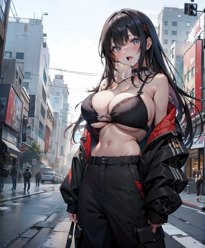 Mouth burst swallowing huge breasts，huge boob，Black bra，Breastfeeding big breasts，a person(((breasts squeezed：1.3)))。