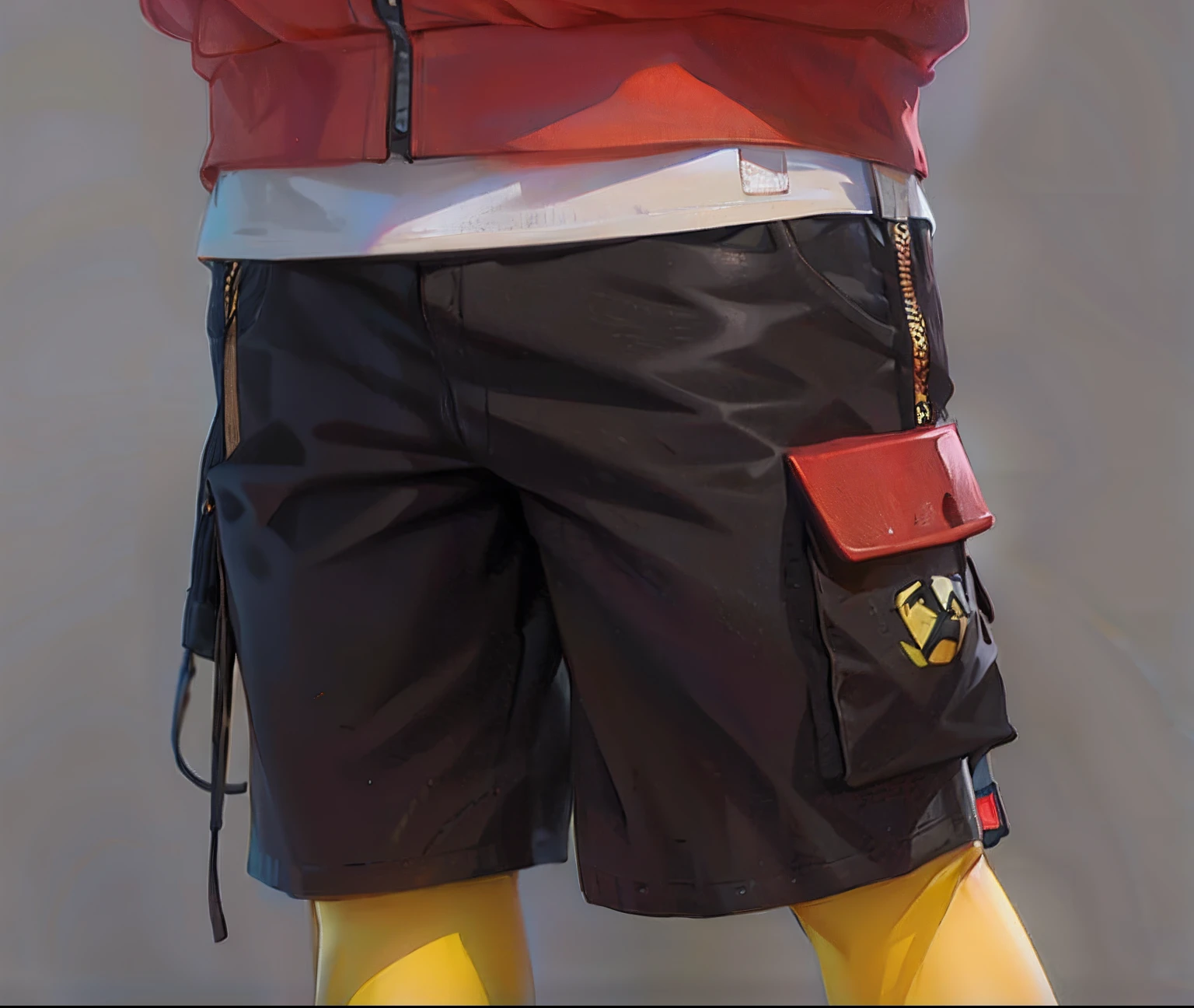 um close up de uma pessoa vestindo shorts amarelos e pretos e uma jaqueta vermelha, com dois bolsos frontais, cargo pants. CIDADE CYBERPUNK, cargo shorts, esquema preto e amarelo e vermelho, Cyberpunk Streetwear, vermelho amarelo preto, mechanic punk outfit, short pants, de bermuda, retrato de corpo inteiro de um curto!, roupa estilo cyberpunk, roupa cyberpunk, Black shorts, very short pants