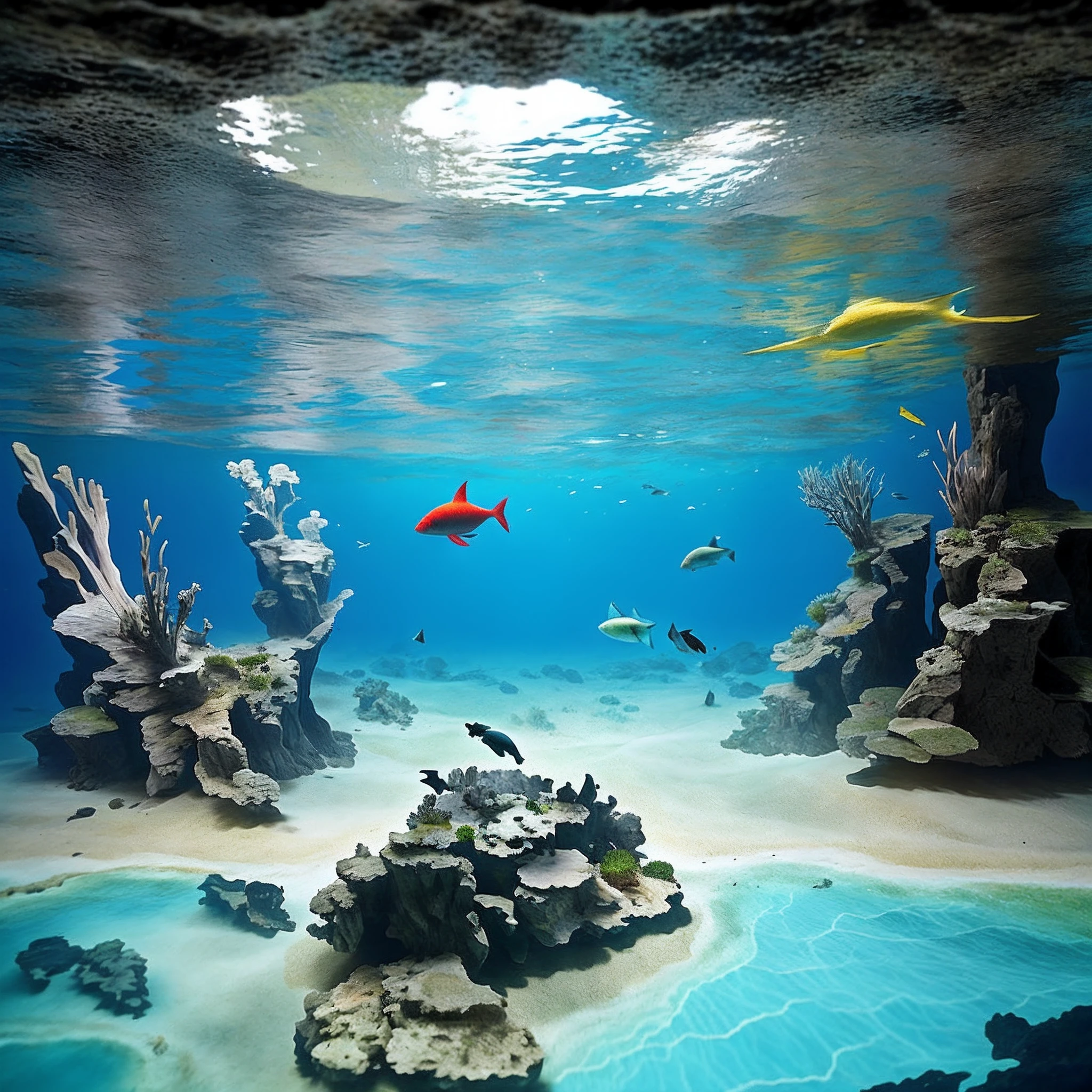 Many fish are swimming, deep underwater scene, deep sea landscape, fish swimming around, fantasy sea landscape, incredible depth,underwater scenery, amazing depth, Deep sea pictures