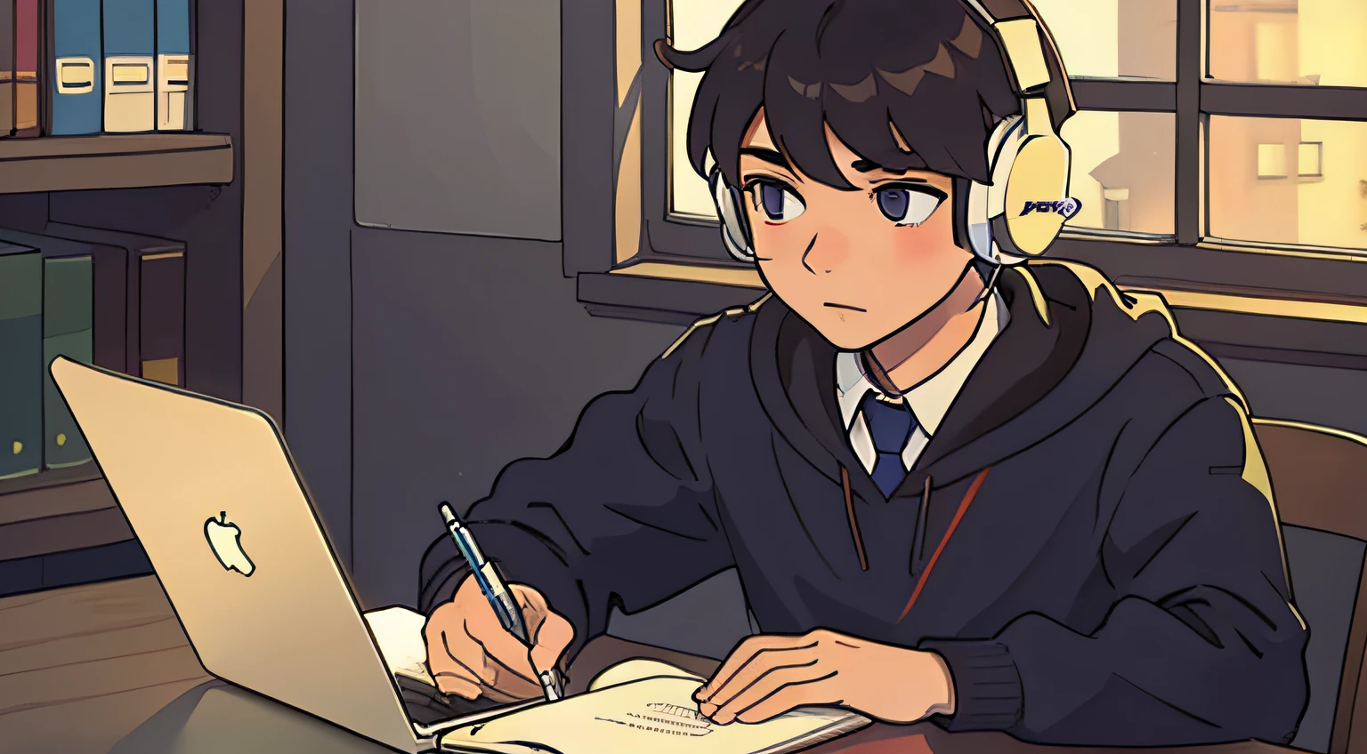 European high school boy studying while wearing headphones