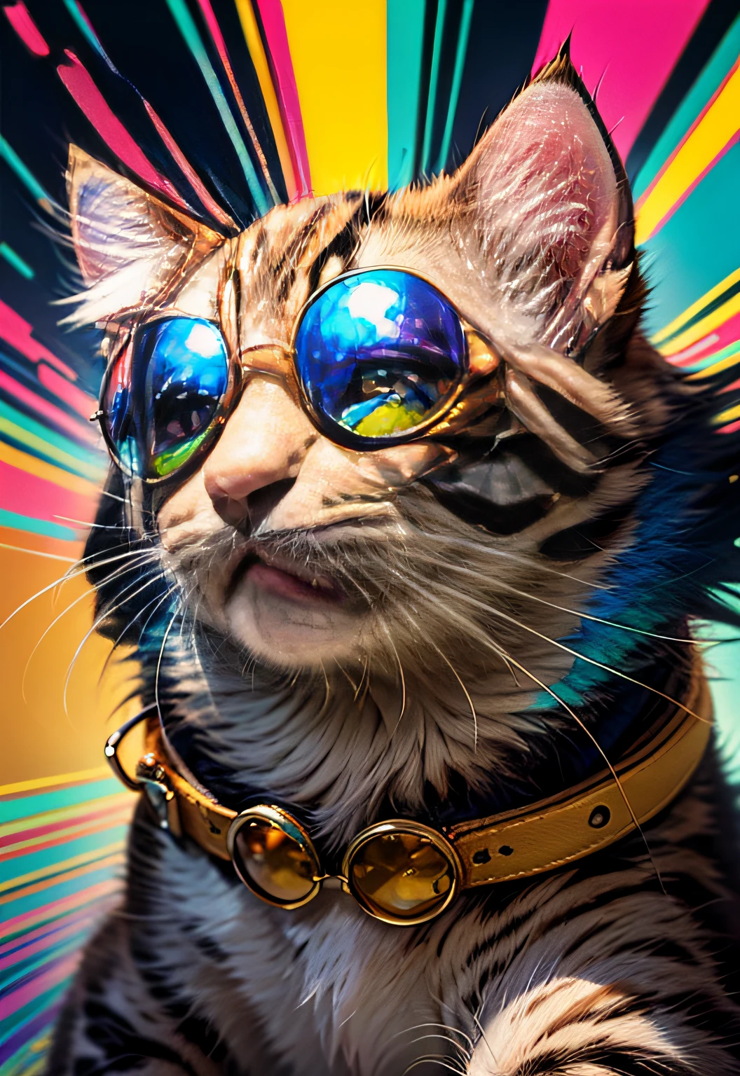 ​masterpiece、top-quality、top-quality、(((Psychedelic and colorful kitten design with sunglasses)))、ighly detailed、colourfull、highestdetailed、frontage