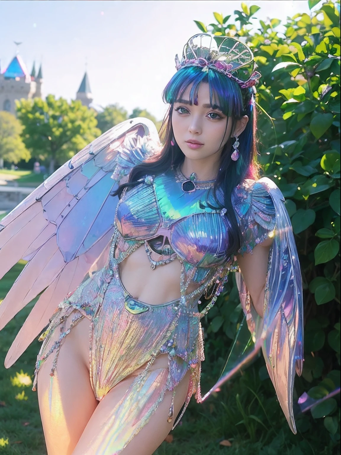 (A smile), Professional , masterpiece、top-quality、photos realistic , depth of fields (Gemstone White Metal Body:1.4),(Matte White Pink、Jewel Gold Weapon、(Gorgeous castle background)、(ultimate beauty girl)、(butterflys々feathered)、(Rainbow fairy wings grow)、Particles of light、(Metal body of iridescent gemstones:1.9),Gorgeous Jewel Metal Weapons ,(maikurobikini)、 Detailed Sword of the Brave ,( Pink hair) ,warhammer 40k , adepta sororitas,Detail and ornate jewel crown、独奏、Brown hair、Mystical expression、cleavage of the breast、(Gangle's forest background)、Beautiful Caucasian beauty、1a person、dynamic ungle,(((Diamond tiara with detail and luxury)))、a small face、(Gorgeous castle background)、huge filesize、20 year old beautiful woman、Thin female fingers、Straight long hair、Beautiful Caucasian beauty、(maikurobikini)、Hair fluttering in the wind、Look at viewers、(Armpit)、Toostock、