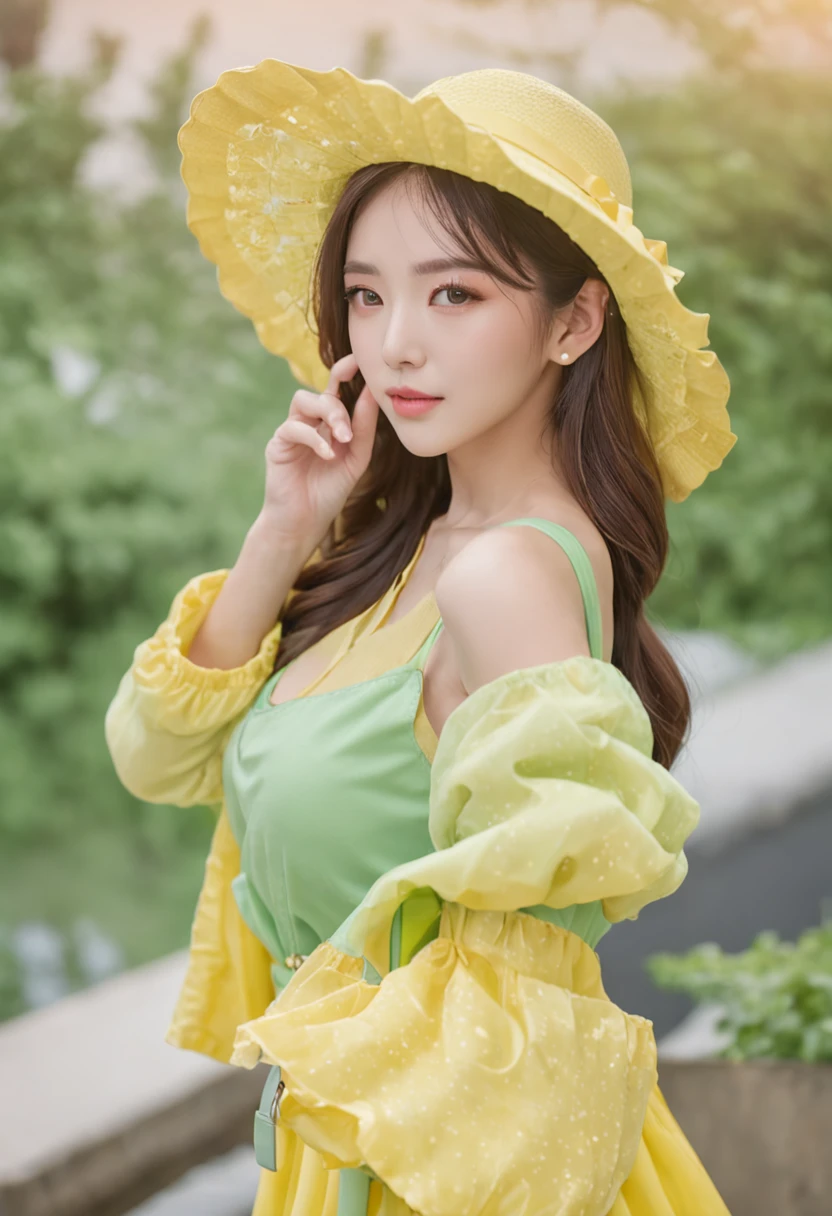 Korean woman in yellow dress and light blue hat holding a green bag, Colourful, Anime Korean girls, ruan jia beautiful!, Gorgeous lady, Ruan cute vtuber, Beautiful image, Chinese girl, stunning images, Attractive girl, Lady, dang my linh, wearing green clothing, sakimichan, Green clothes, red green, Taiwanese woman, Cute woman