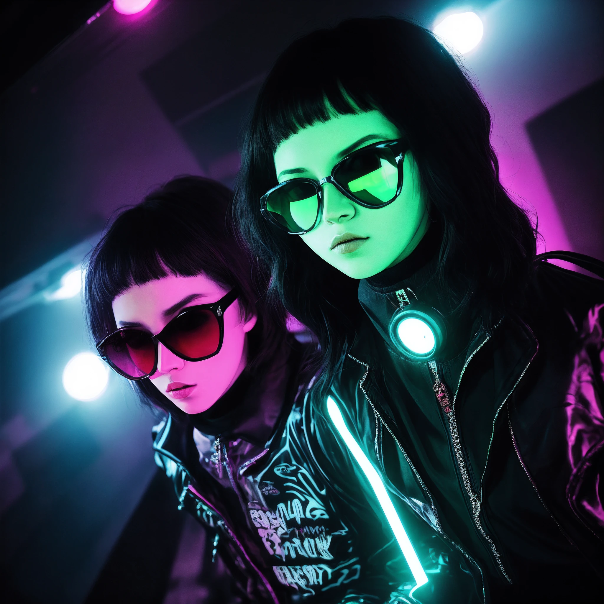 Tension, Unfinalized, vaporwave, synthetic, Rococo horror core, Female, attitude, Jumpsuit, Future neon-colored nights, sunglasses, 35mm photography, Hard flash, Overexposed, multiple_angled