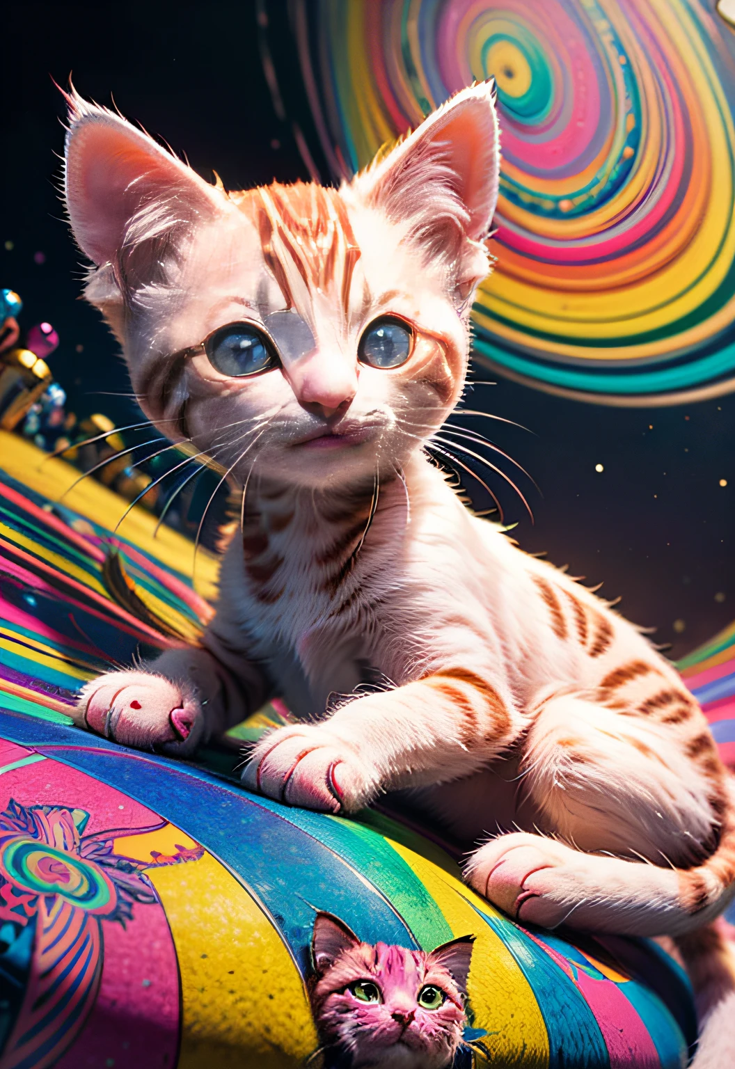 ​masterpiece、top-quality、top-quality、(((Psychedelic colorful pink kitten design in cute pose)))、ighly detailed、colourfull、highestdetailed、frontage