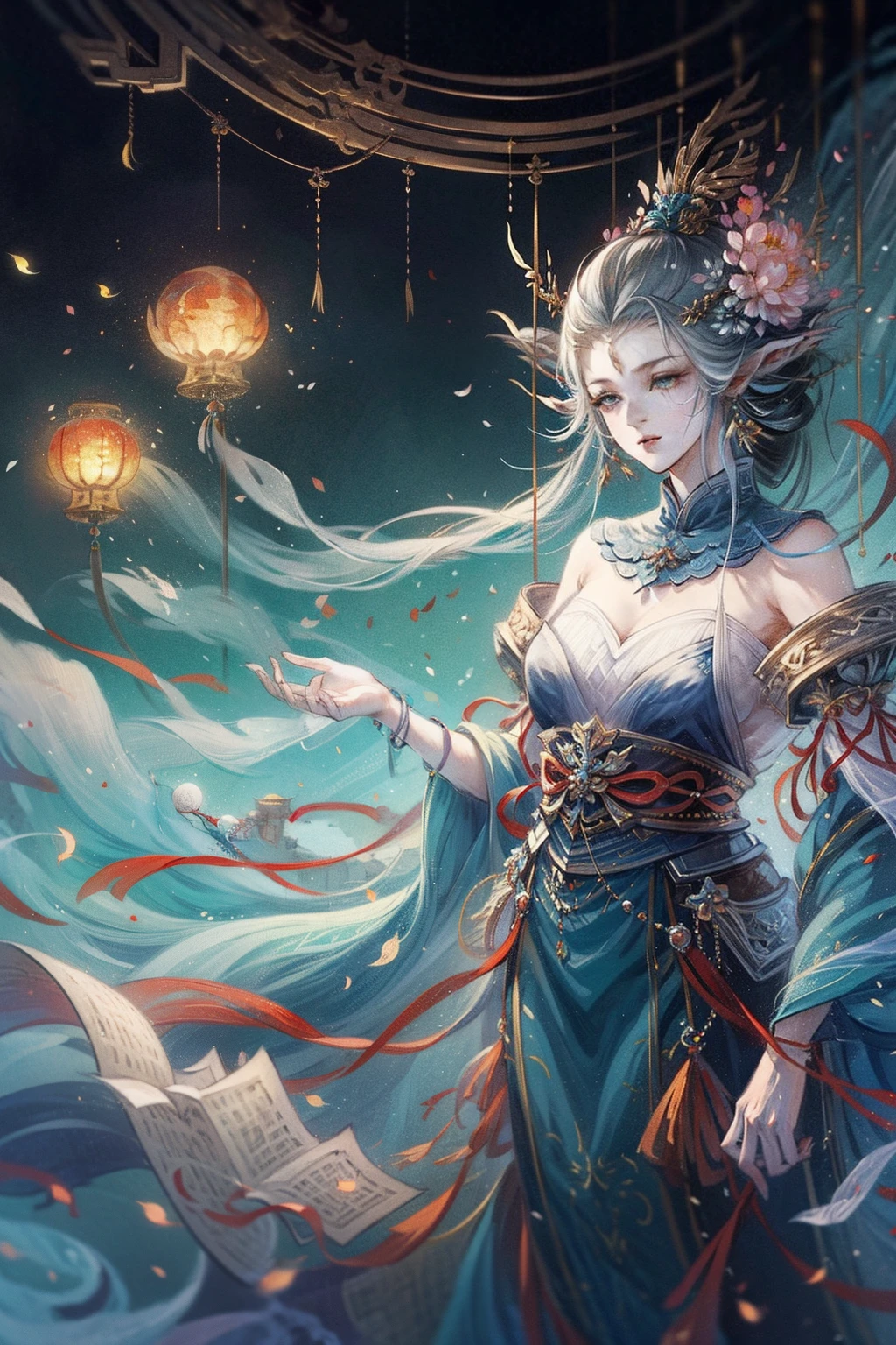 Chinese Ghost Festival，Middle Metaverse，The breath of a ghost，1 Ghost，Ethereal beauty，moon full，starrysky，Mizusawa，florals，The tree，lamp lights，the street，smog，tmasterpiece，16k,high definition resolution，Detailed detail drawing，realisticlying，Very realistic，Ancient Chinese fantasy，