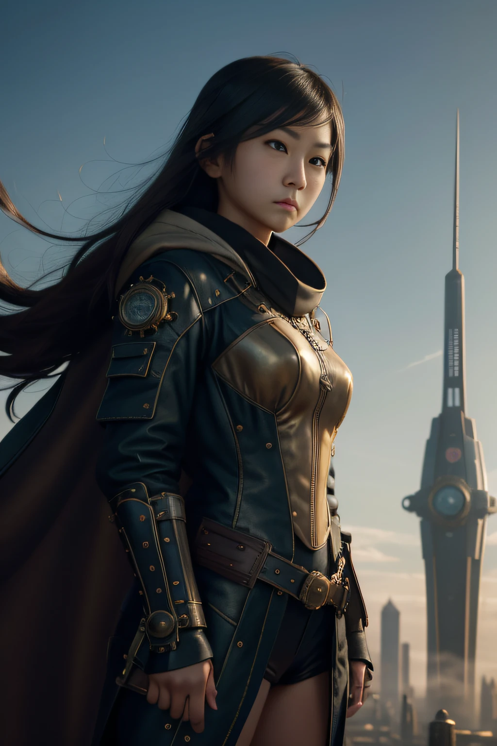 1 girl, young, 16 year old, Asian girl, full body from head to toe, realistic, realistic face, realistic eyes, worried, looks over her shoulder, side lighting, wallpaper, looks at viewer, futuristic steampunk buildings in background, long cape and hood, ground earth, outdoors, hold steampunk sword in left hand, fly in sky with steampunk jet pack, dragon logo,