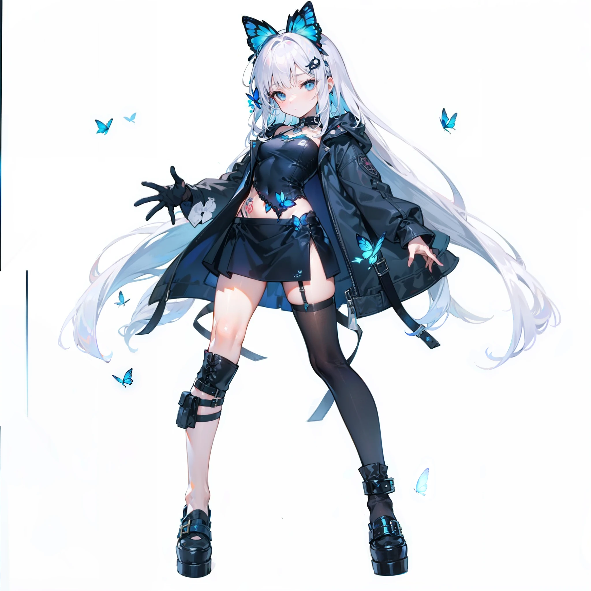 1girll，White background 1：：5，full bodyesbian，punk clothing，long  white hair，blue color eyes，face expressionless，Blue butterfly hair ornament on the head，Flying blue butterflies，（Delicate face and beautiful eyes）