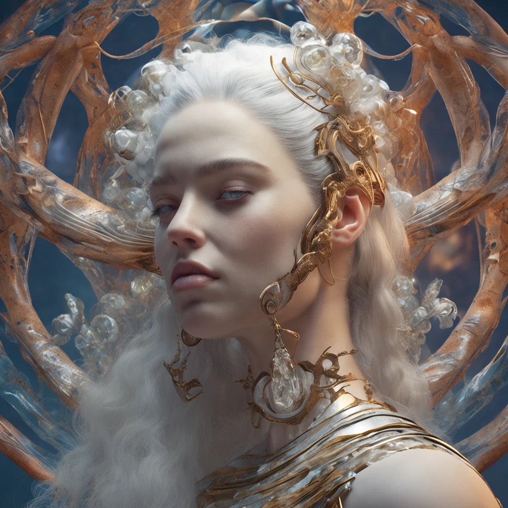 A white goddess with a human form, Cyan eyes, Beautiful body in the flower of age, Very attractive, with white pubic hair;