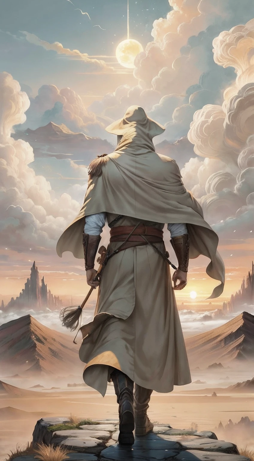 Ancient warriors in trench coats walk firmly into the distance，He wears a cloak on his head，中景 the scene is，facing away from the audience，（Vast desert:1.2），（Rolling white clouds:1.2），（Lonely smoke drifted into the sky:1.2），The smoke is thick，Eagles fly，（The setting sun shines obliquely through the clouds）,vivd colour（Light particle effect）,（Masterpiece）,（Extremely detailed picture description）,（8k wallpaper）,（Master painting）,（Ink painting style）,（Noticeable light and shadow effects）,（Ray traching）,（Obvious layers）,（depth of fields）,（best qualityer）,「Journey to the West」Ray