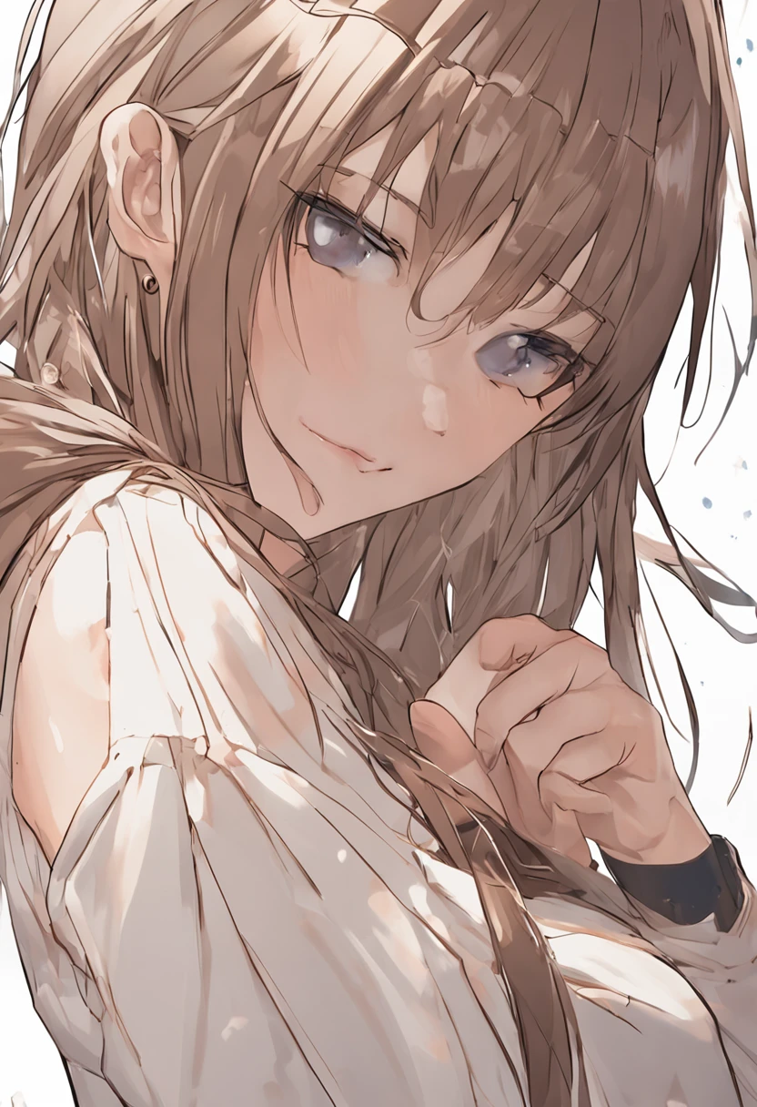 1womanl, Upper face, mideum breasts, Light brown hair, Blunt bangs, hair behind ear, hair over shoulders, Long hair, Slender body type, ultradetail face, Thin face, Delicate lips, Beautiful eyes, thin blush, The eyes are light brown, perfect glossy shiny skins, Flawless skin, Sparkling sweat,View here, Ultra-thin pointer, Ultra-thin fingers, best ratio four finger and one thumb, (hentail realism:1.3), Finger extension, Transparent white blouse. Broadleaf forest, One-person viewpoint, Fuji Film, f/1.2, 8K, masutepiece, NffSW, Super detail, High quality, Best quality, A high resolution,