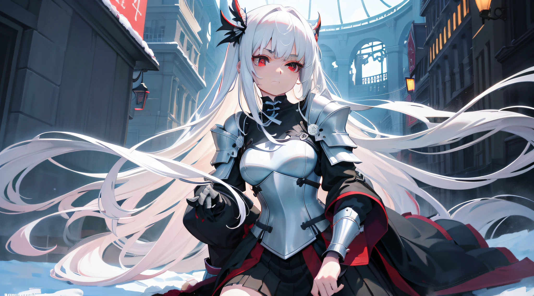 A teenage girl,White hair and red eyes,long whitr hair,Original Character、fantasy concept art、Best shadow、shallowdepthoffield、Portrait of a noble knight、Dignified、Sad expression,Sophisticated tactical heavy armor、Tassel waistband、Hand Guard、Pauline、High quality armor texture,Stand up,Kneel on one knee,overcast day,Snow,(HighestQuali,astonishing detail:1.25),(独奏:1.3),Brilliant and colorful paintings
