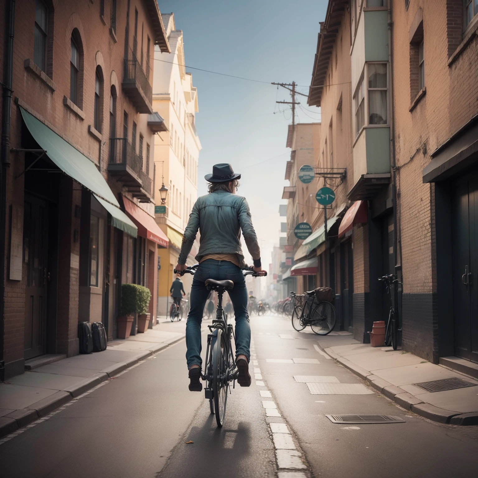 Poor ragged man riding a bicycle on the street, rear view