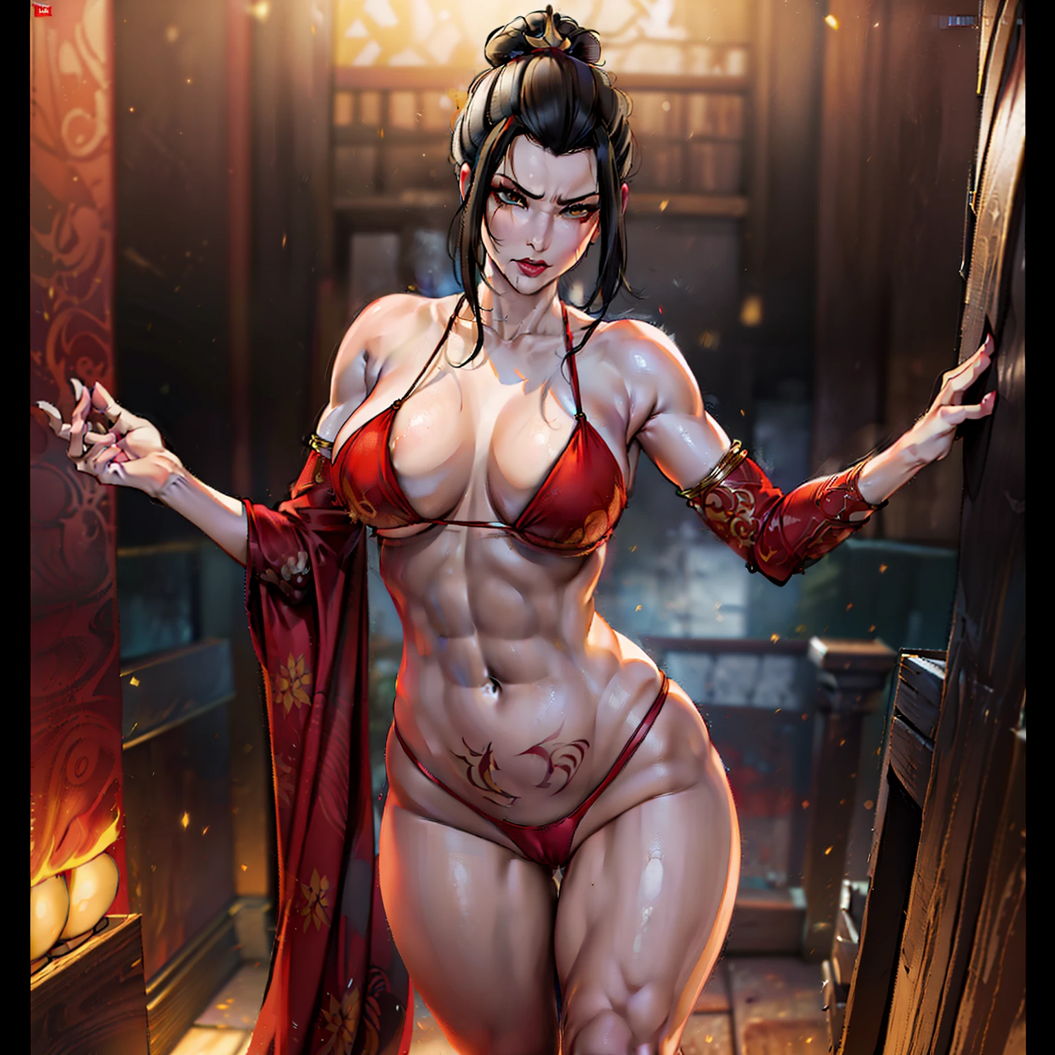 ultra-realistic 8k CG, masterpiece, ((ultra detailed background, fine drawing, intricate details, high detail, better quality fine details, hyper-detailed face)), (photorealistic: 1.4), beautiful lighting, absurdity, RAW photo, film grain, Azula, 1girl, solo, black hair, brown eyes, makeup, lipstick, red lips, single hair bun, navel, side strands, hair decoration, ((large breasts, slim girl)), (loosen kimono)), standing, raise hand, ((complex detailed background, inside, dim lighting, moody lighting, inside bedroom, inside, resort environment)), erotica, belly tattoo, lust tattoo,