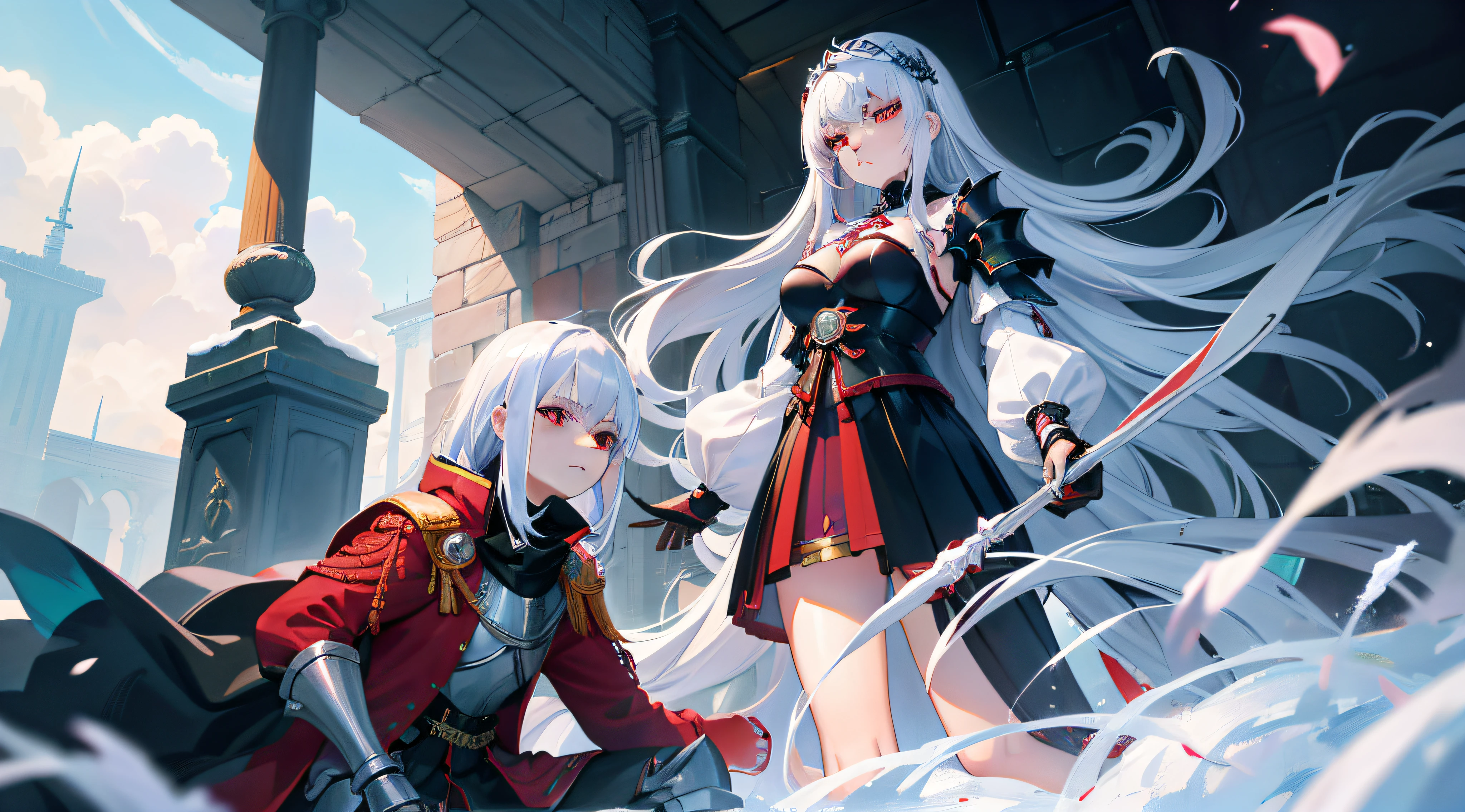 A teenage girl，White hair and red eyes，long whitr hair，Original Character、fantasy concept art、Best shadow、shallowdepthoffield、Portrait of a noble knight、Dignified、Sad expression，Sophisticated tactical heavy armor、Tassel waistband、Hand Guard、Pauline、High quality armor texture，Stand up，Kneel on one knee，overcast day，Snow，（HighestQuali，astonishing detail：1.25），（独奏：1.3），Brilliant and colorful paintings