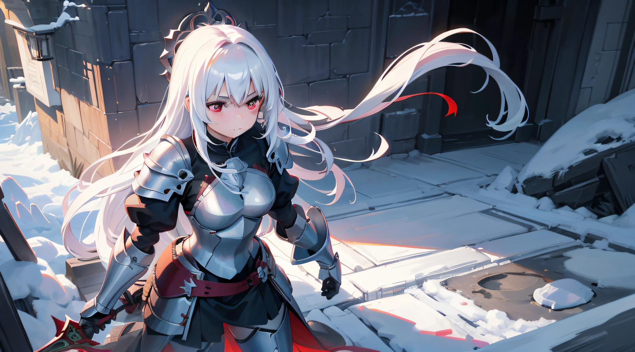 A teenage girl,White hair and red eyes,long whitr hair,Original Character、fantasy concept art、Best shadow、shallowdepthoffield、Portrait of a noble knight、Dignified、Sad expression,Sophisticated tactical heavy armor、Tassel waistband、Hand Guard、Pauline、High quality armor texture,Stand up,Kneel on one knee,overcast day,Snow,(HighestQuali,astonishing detail:1.25),(独奏:1.3),Brilliant and colorful paintings
