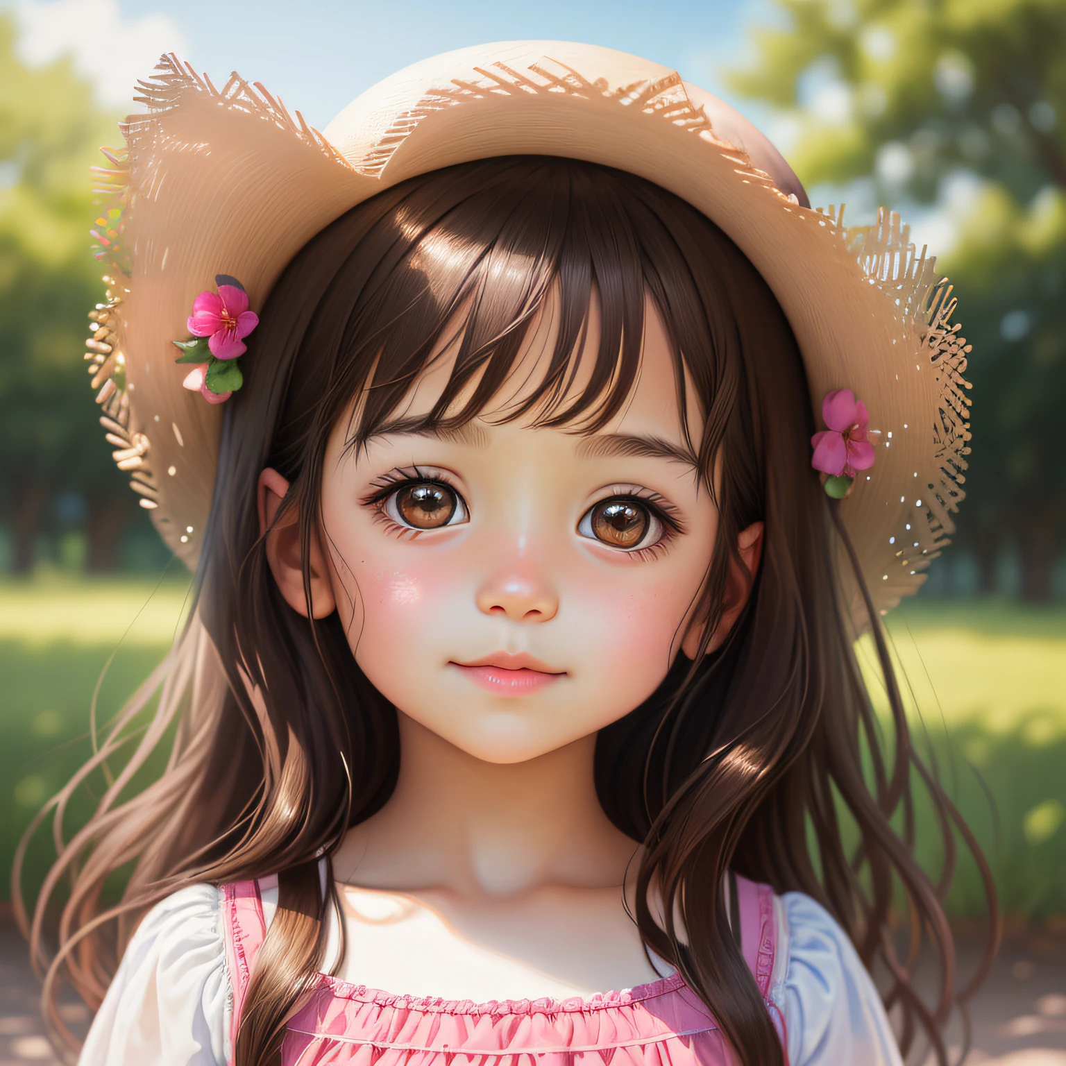 cute portrait (dicuki:1.1), Girls 5-6 , Dark brown hair sparkling in the sun, Large dark brown eyes，Yellowing, Plump lips arched, Pink dress, Realism, aquarelle, 4K, High detail