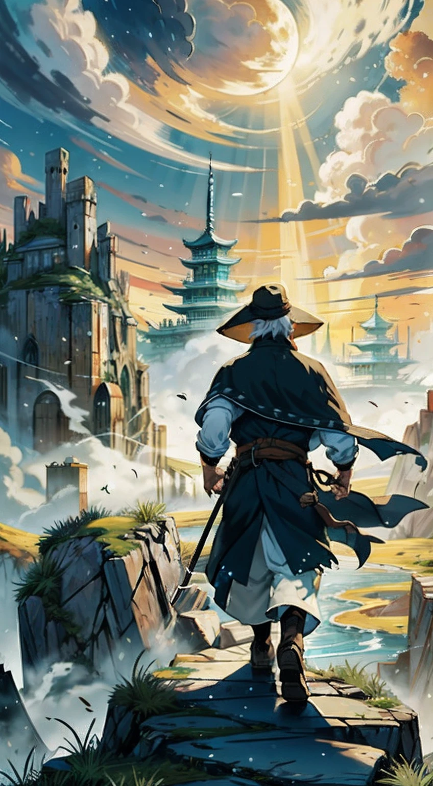 The ancient warrior in a trench coat walked firmly into the distance，He wears a cloak on his head，中景 the scene is，facing away from the audience，（Vast desert:1.2），（Rolling white clouds:1.2），（Lonely smoke drifted into the sky:1.2），The smoke is thick，Eagles fly，（The setting sun shines obliquely through the clouds）,vivd colour（Light particle effect）,（Masterpiece）,（Extremely detailed picture description）,（8k wallpaper）,（Master painting）,（Ink painting style）,（Noticeable light and shadow effects）,（Ray traching）,（Obvious layers）,（depth of fields）,（best qualityer）,「Journey to the West」Ray