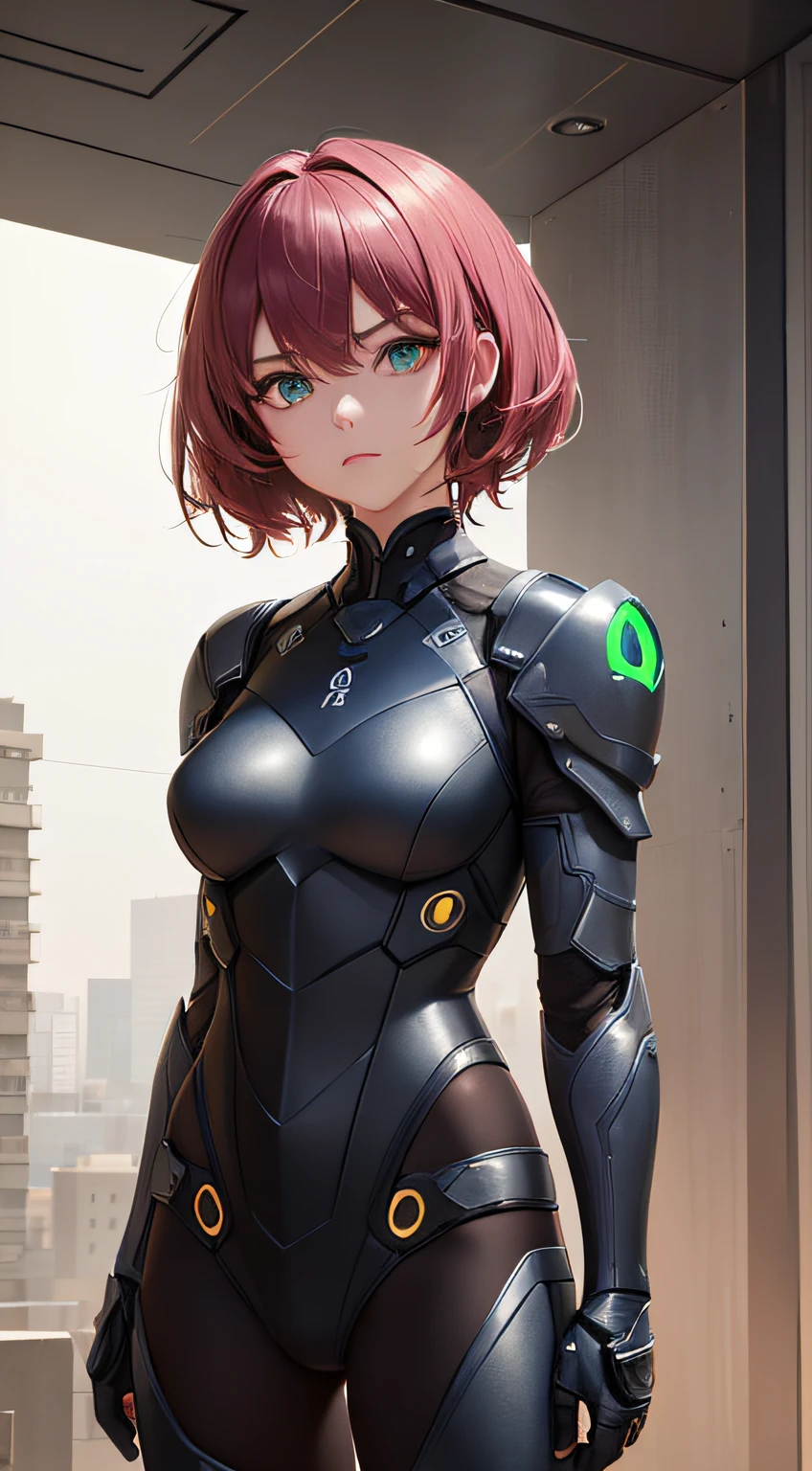 1girl, Titan Fall 2, Titan Fall 2 Cooper armor, pants, modern armour, black shirt, masterpiece, best quality, realistic, absurd, looking at viewer, short pink hair, green eyes, dynamic lighting, high resolution, sharp focus, depth of field, detailed eyes, sharp pupils, realistic pupils, (thick thighs:1.0), outdoor, sky, cybernetic left arm
