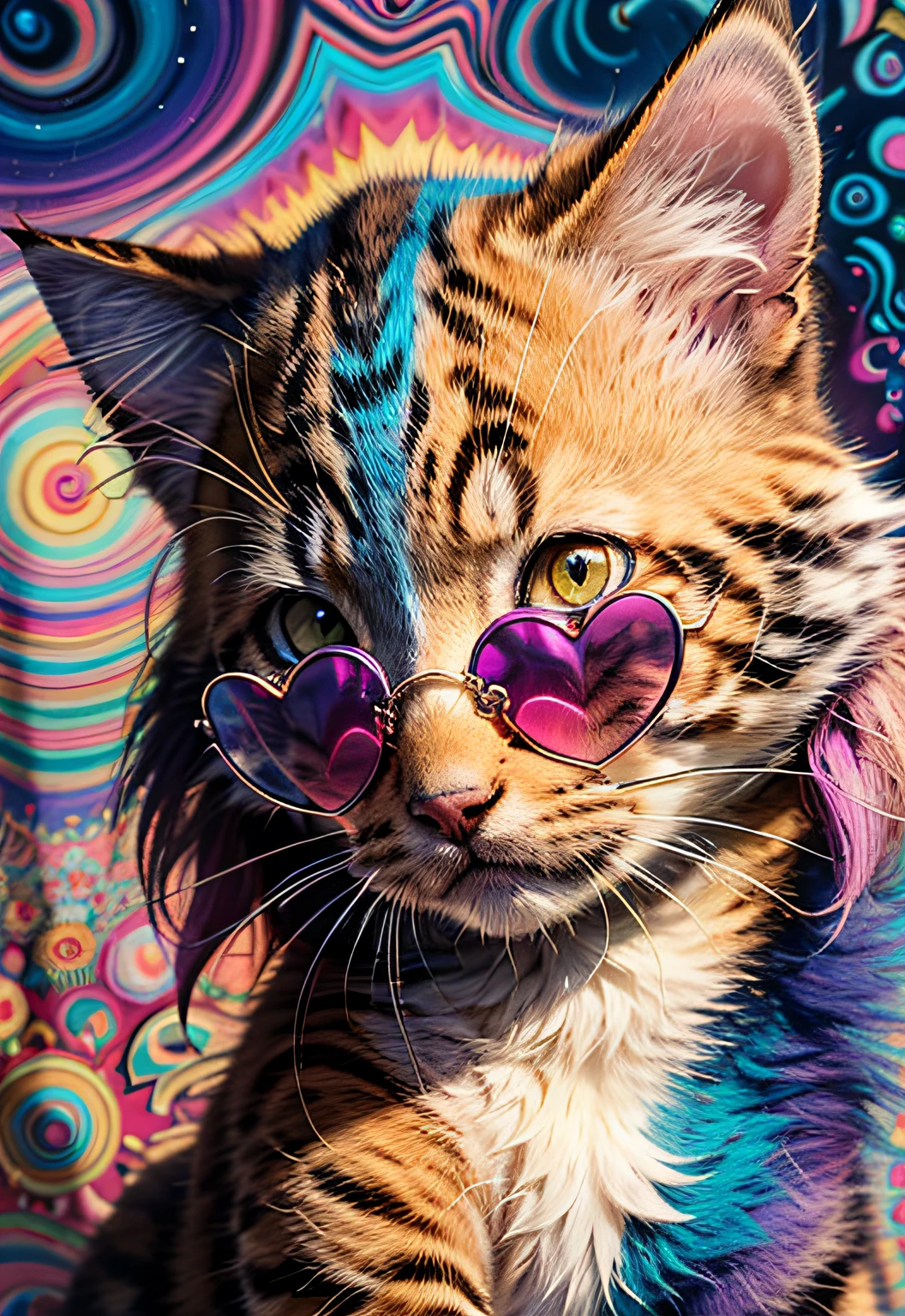 masterpiece、top-quality、top-quality、(((Psychedelic and colorful kitten design with heart sunglasses)))、ighly detailed、colourfull、highestdetailed、frontage