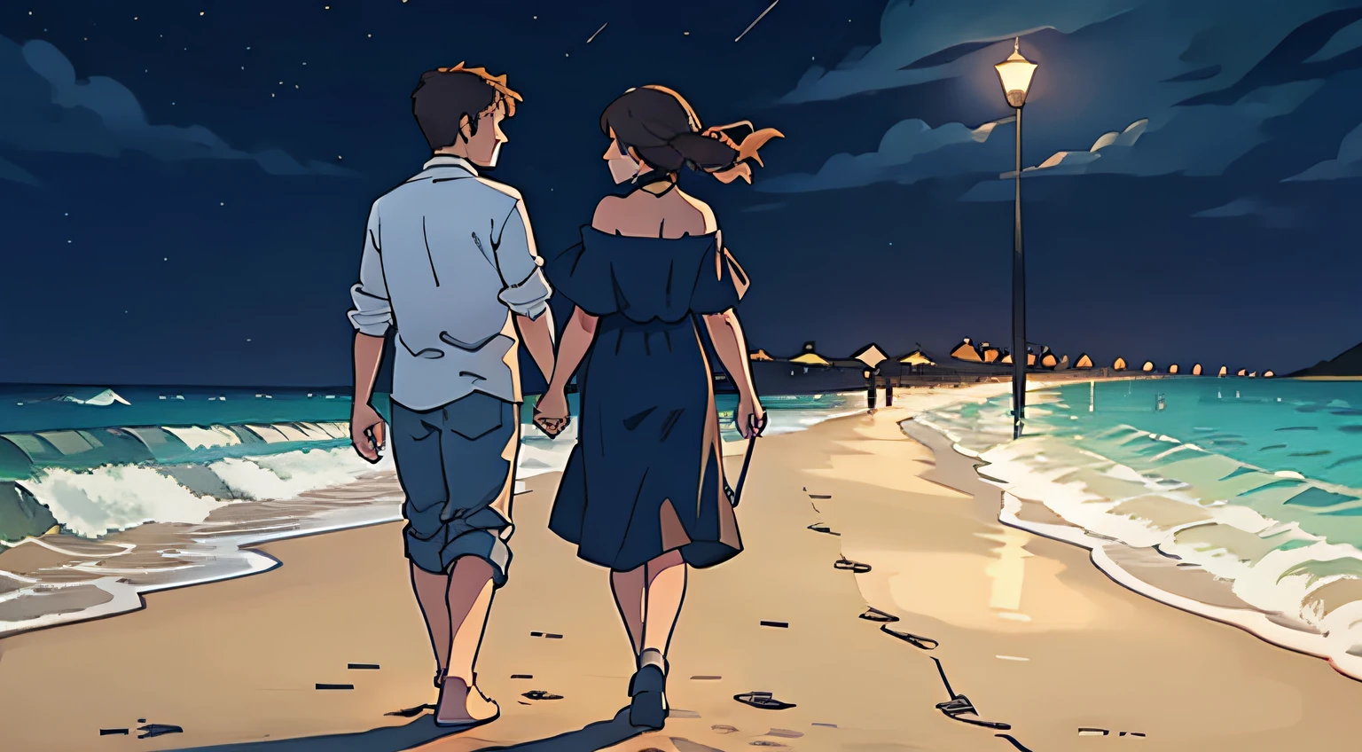 Couple walking on the beach at night