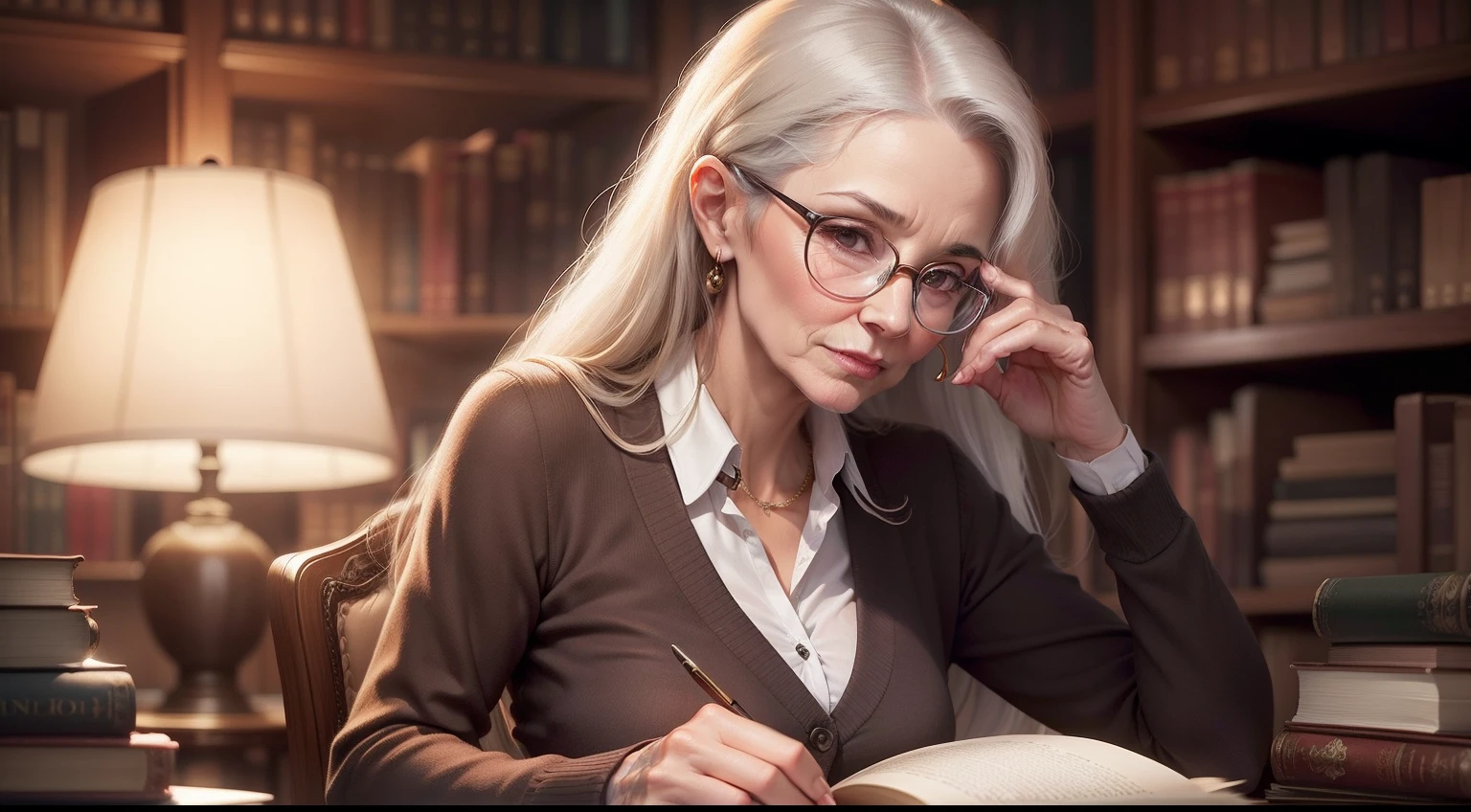 A refined, beautiful, sexy, elderly librarian women with glasses, emanating an air of sophistication and grace, clutching a book shaped like a head, long hair