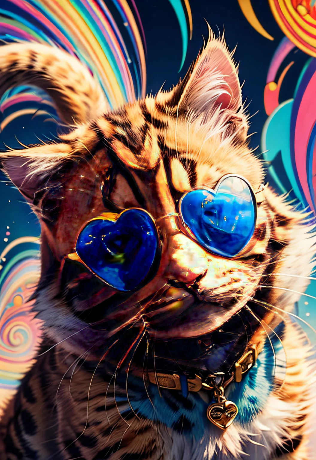 masterpiece、top-quality、top-quality、(((Psychedelic and colorful kitten design with heart sunglasses)))、ighly detailed、colourfull、highestdetailed、frontage