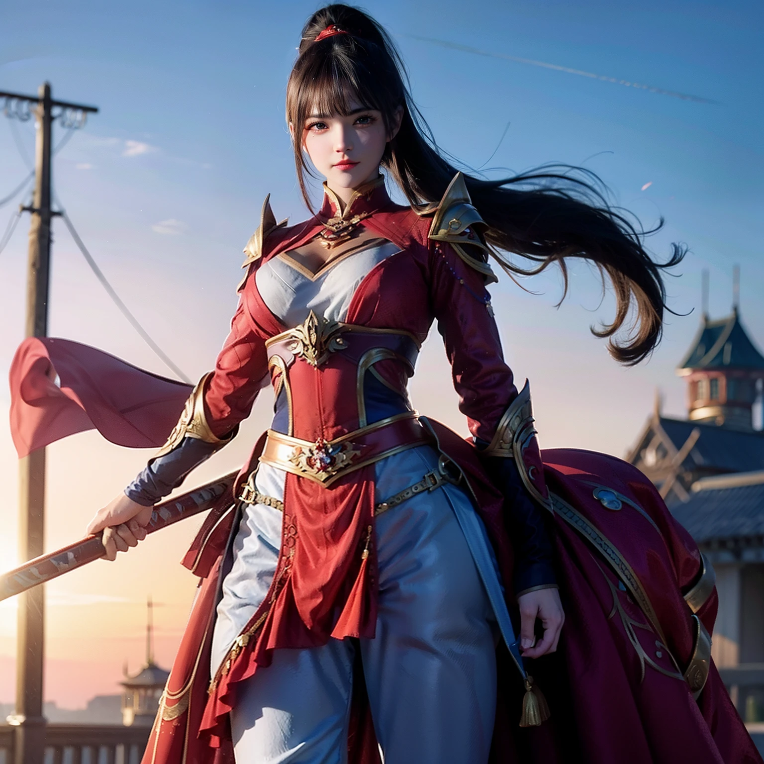 A woman in a red power suit,With a high ponytail,There is a blue-maned horse in the crotch,A long sword with a red scabbard hung diagonally from her waist,Beautiful eyes overflowing with electricity,heroic look,majestic-looking。
