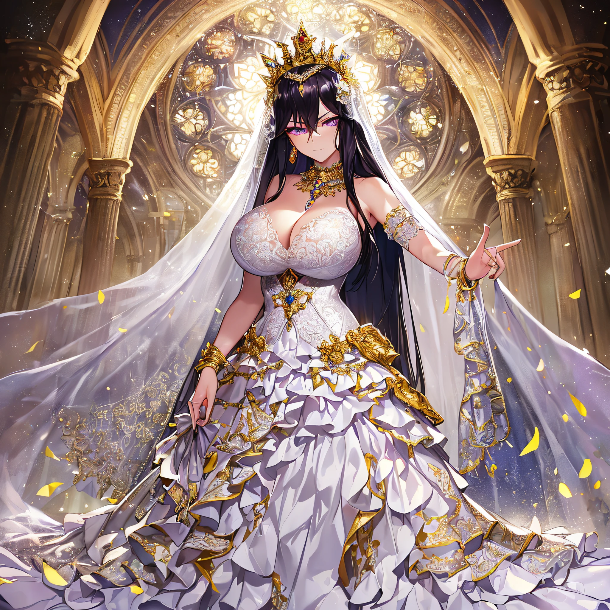 ((anime artstyle)),Masterpiece,Best Quality,Super Detail,Very Delicate and Beautiful,Solo,((full body)),(((1 arrogant queen wearing gorgeous white ballgown wedding dress with voluminous crinoline hoop skirt))),gorgeous embroidery and beautiful lace,((gigantic tits,long tits,cleavage,skindentation)),jewel-like eyes,(haughty smile),(((arrogant facial expression,haughty facial expression))),Sharp eyes,Purple eyes,(Beautiful detailed face and eyes),((shiny hair,Bangs between eyes,voluminous straight hair,extremely Long straight Hair)),black hair,luxury hair ornament,extremely gorgeousfull jeweled tiara,long train,((bling-bling gorgeous gemstone jewelry)),long wedding veil,full body,standing in the sacred cathedral,white lily flowers,flower petals flowing,light particles,Sacred Light,((gorgeous white ballgown wedding dress with voluminous crinoline hoop skirt))